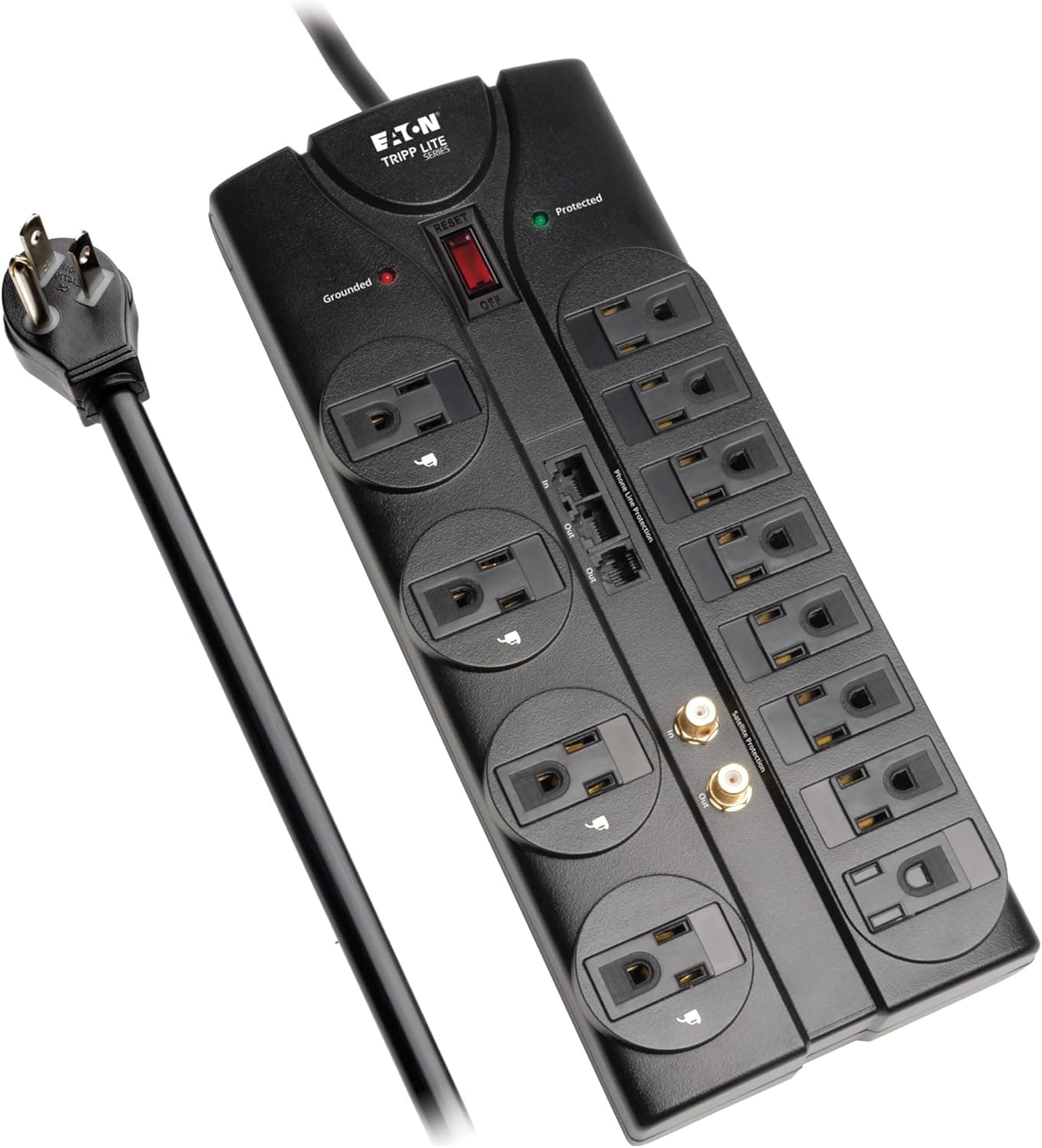 Eaton Tripp Lite TLP1208SAT Home Theater Surge Protector Power Strip, 12 Outlets, Flat Plug 8ft Cord, 2880 Joules, Coax, RJ11 and RJ45