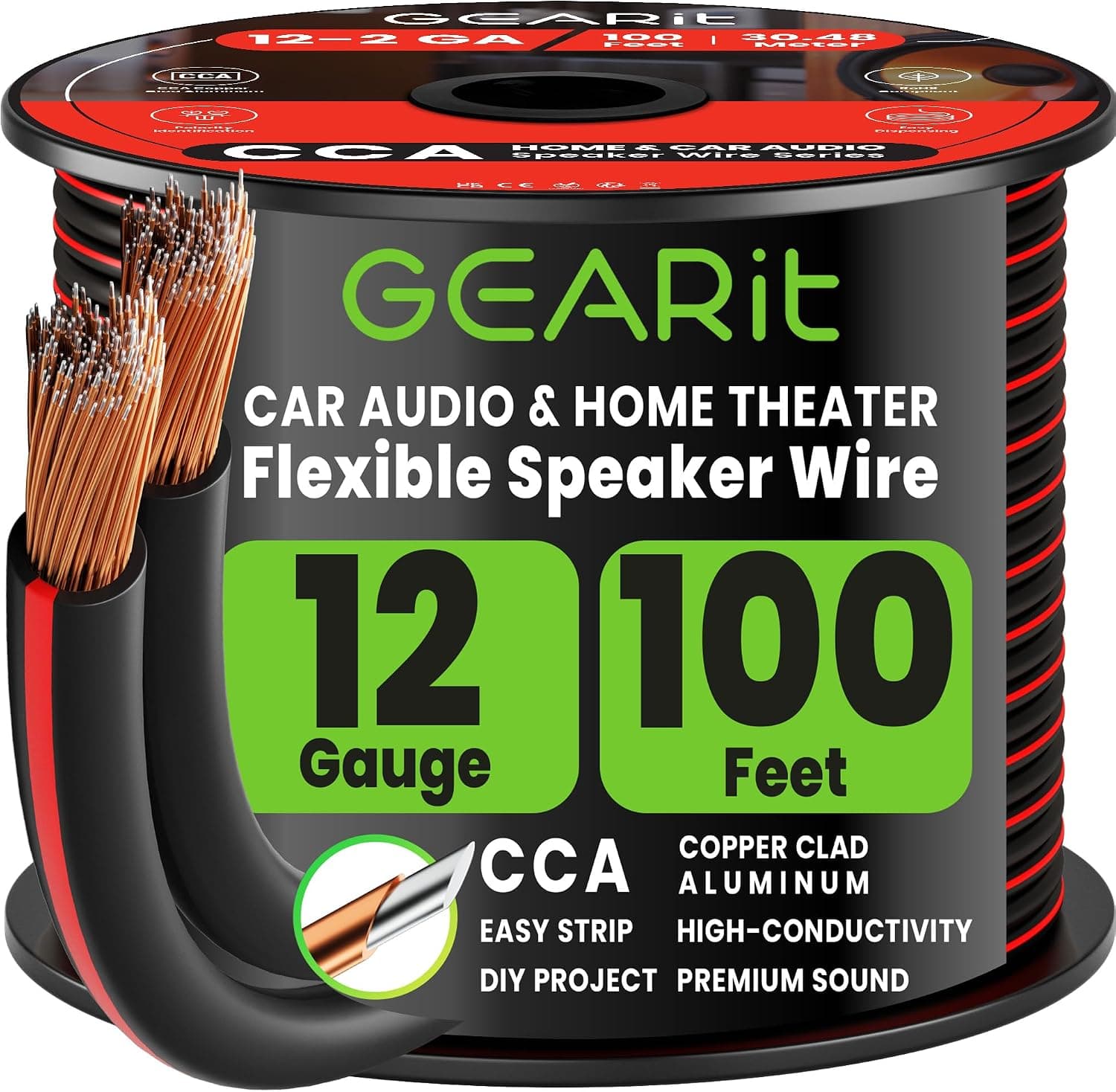 GEARit Speaker Wire 12 Gauge 100 ft with Foot Markers and Polarity Markings, CCA, Black