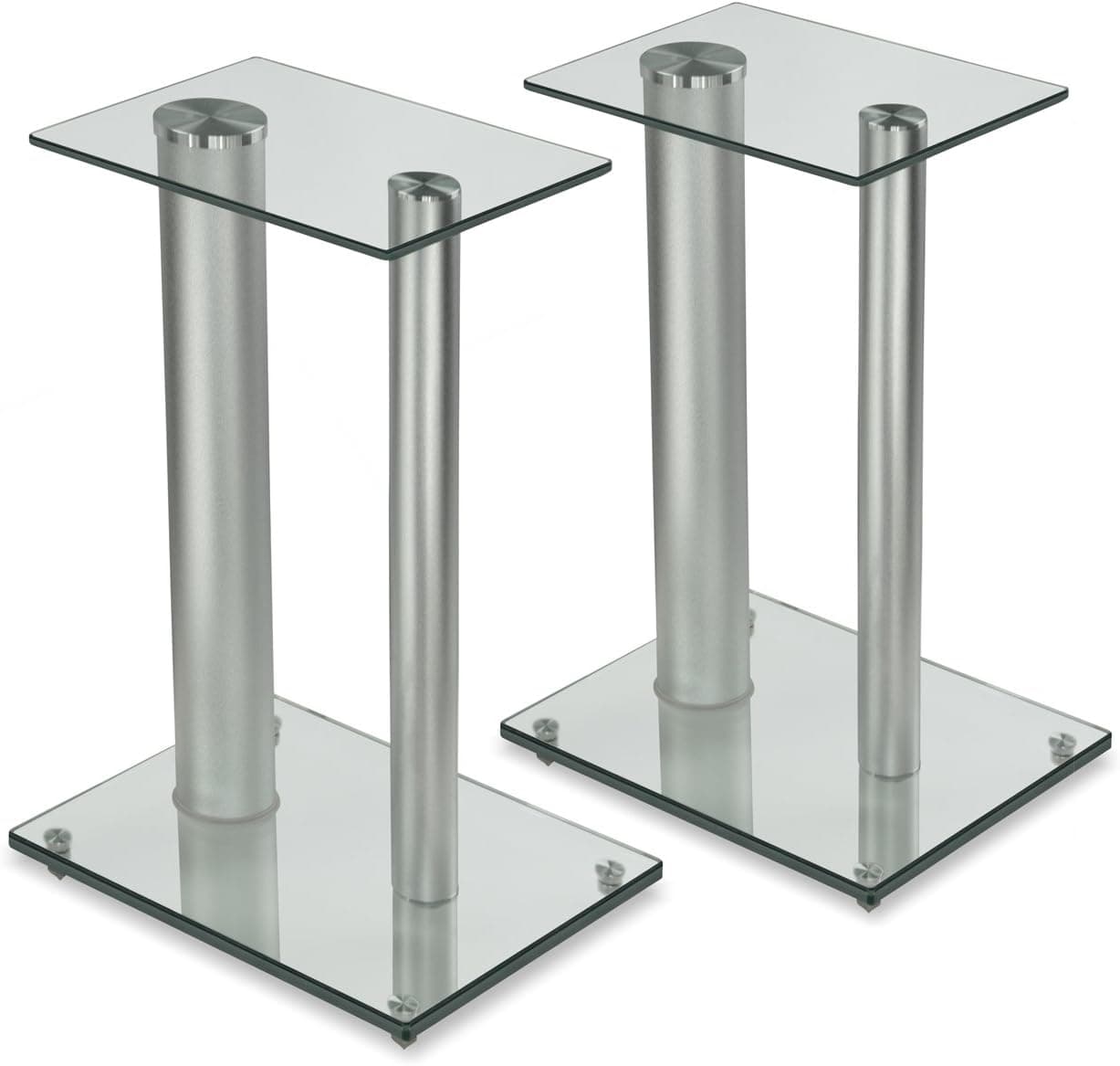 Mount-It! Floor Speaker Stands for Bookshelf Speakers and Surround Sound Home Theaters, 18 Inch High, 22 Lbs Capacity, Tempered Glass and Aluminum, Clear and Silver, One Pair