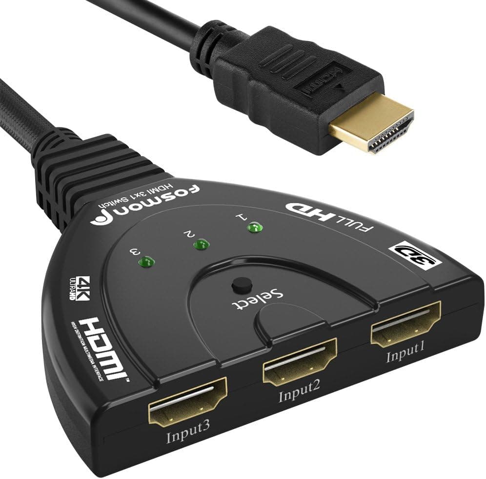 Fosmon 4K HDMI Switch, 3 Port HDMI Switcher with Pigtail Cable, Supports 30Hz, HDCP, Ultra HD for HDTV, PS5, Xbox, Fire Stick