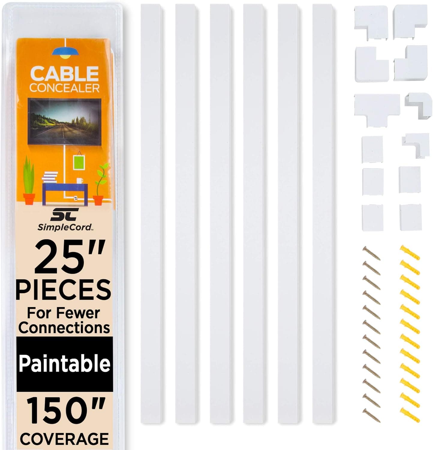 150in Cord Hider Kit - 6-Pack 25in Cable Management for Wall-Mounted TV, Paintable, by Simple Cord, White