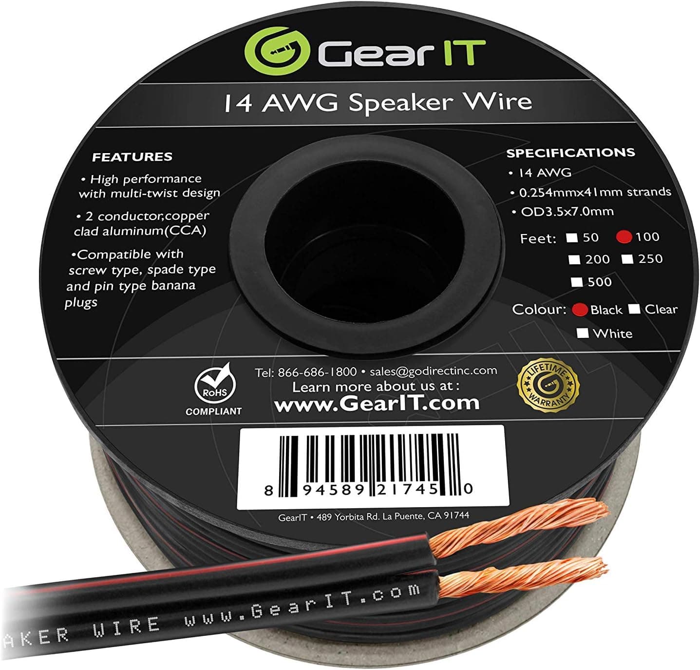 GearIT 14-Gauge 14AWG (100 Feet) Outdoor Installation Speaker Wire, Black
