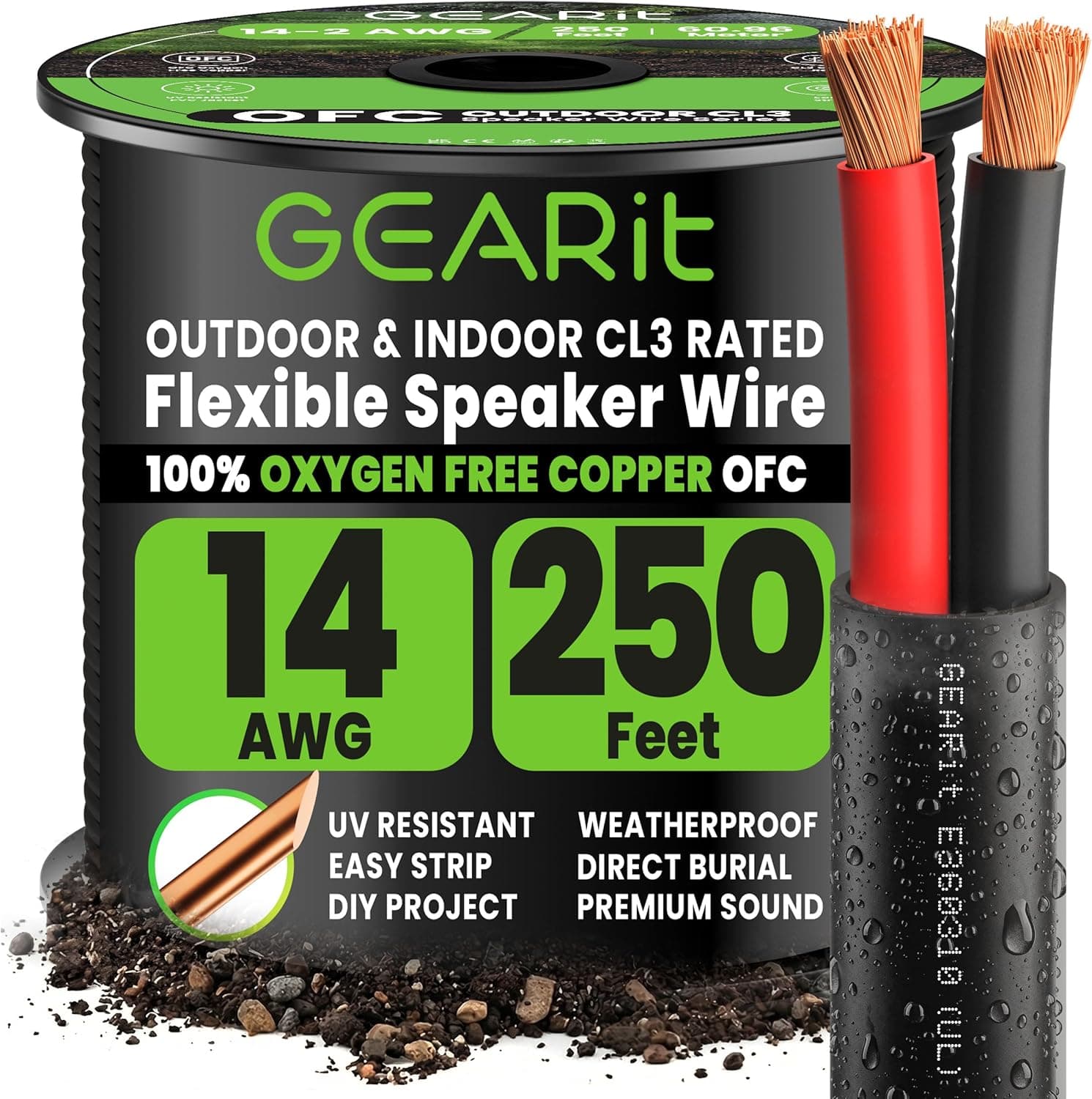 GearIT 14/2 Speaker Wire (250 Feet) 14AWG Outdoor Direct Burial CL3 CL2 Rated OFC Oxygen-Free Copper, Black