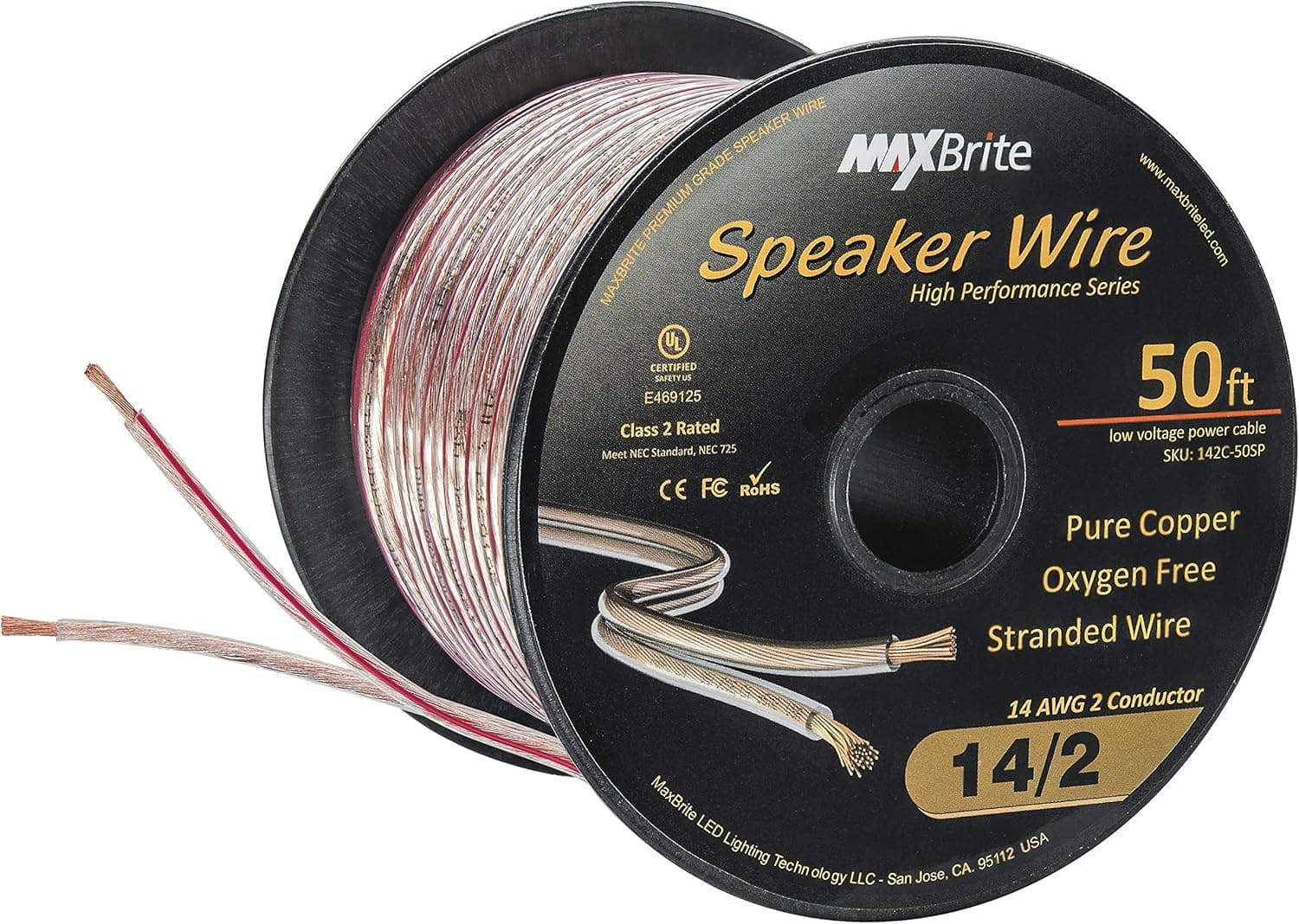 50 ft. Spool High Performance 14 Gauge Speaker Wire, Oxygen Free Pure Copper - UL Listed Class 2