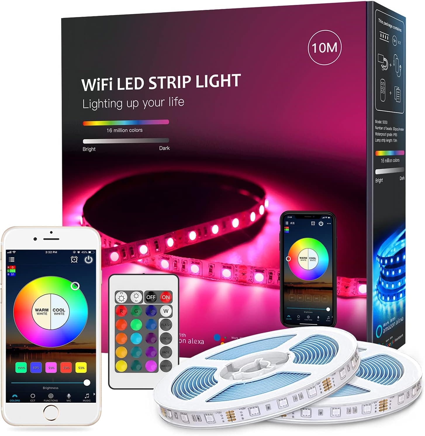 MagicLight 33ft RGB WiFi Strip Light, Smart App Control Color Changing Music LED Light Strip, Compatible with Alexa Google Assistant