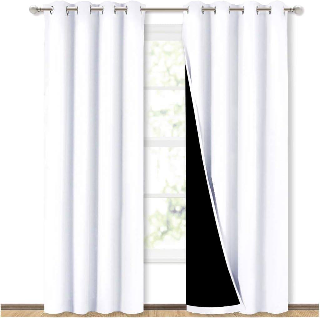 NICETOWN 100% Blackout Window Curtain Panels with Black Liner, Thermal Insulated (White, 2 Pieces, 52 Wide, 84 Drop)