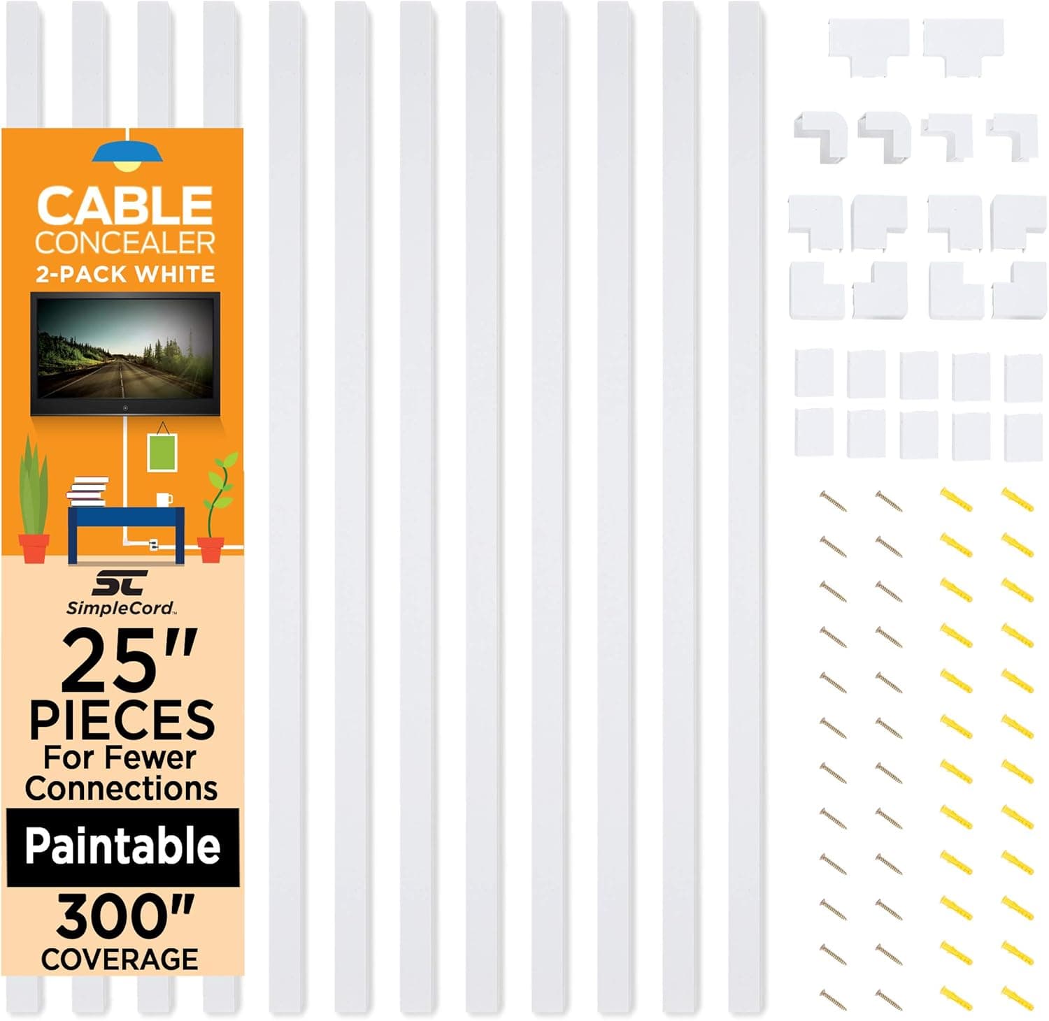 Set of Twelve 25-inch Cord Covers - 300-inch Total On-Wall Cable Management Kit by Simple Cord, White