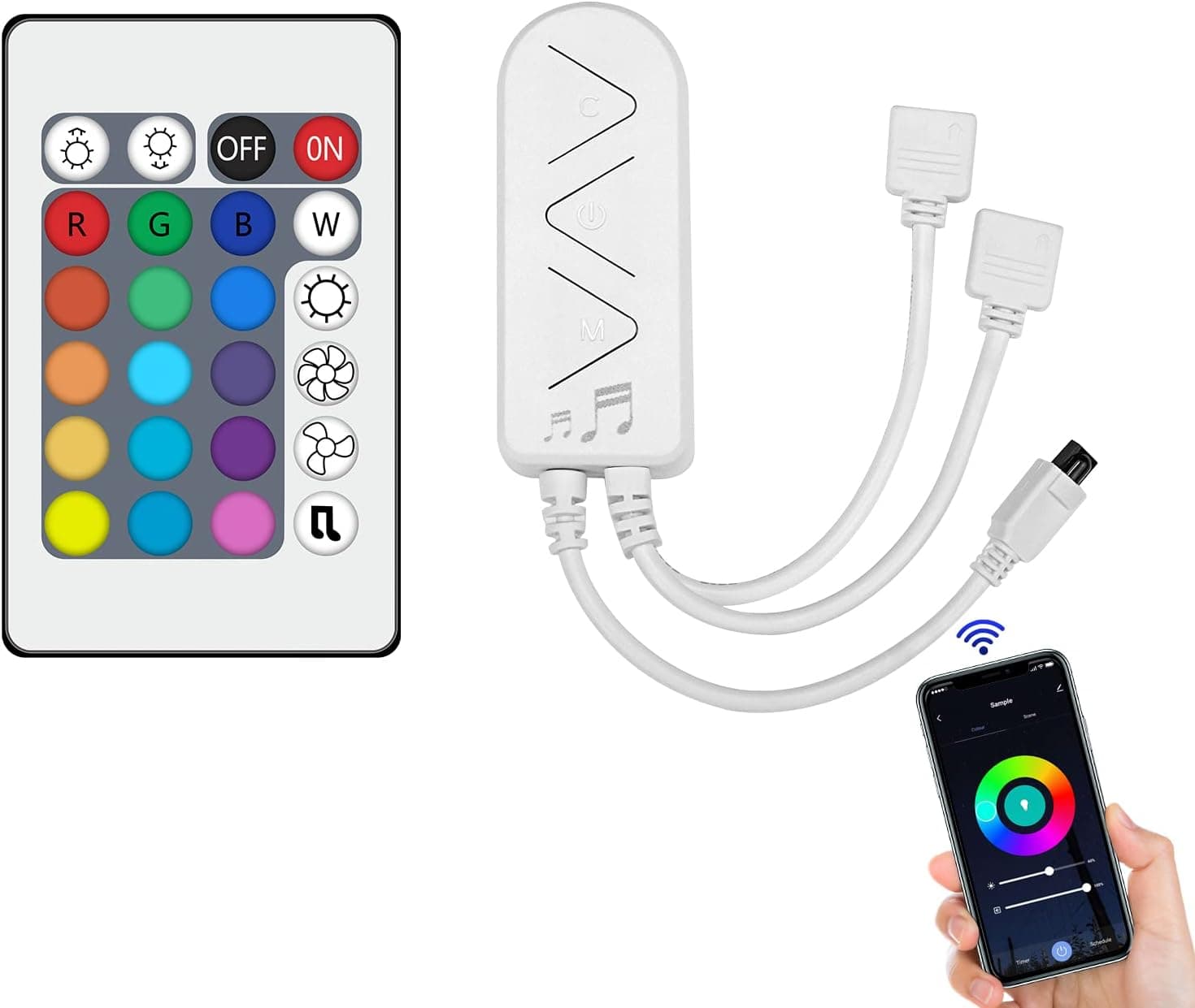 VVFLED WiFi Wireless LED Strip Light Controller, RGB LED Strip Light Smart Controller, App/Voice/Music Sync/Remote Control, with 24 IR Keys Remote