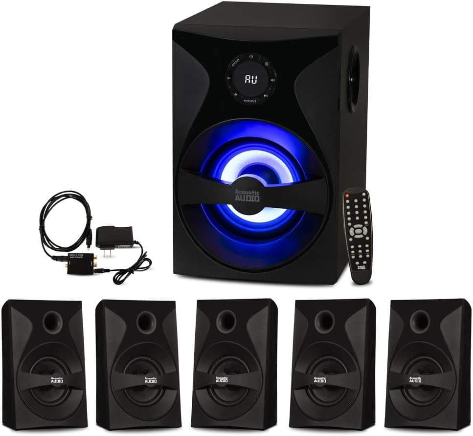 Goldwood Bluetooth 5.1 Surround Sound Home Theater Speaker System with LED Display, FM Tuner, USB/SD Inputs, 6-Piece Set with Remote, Black