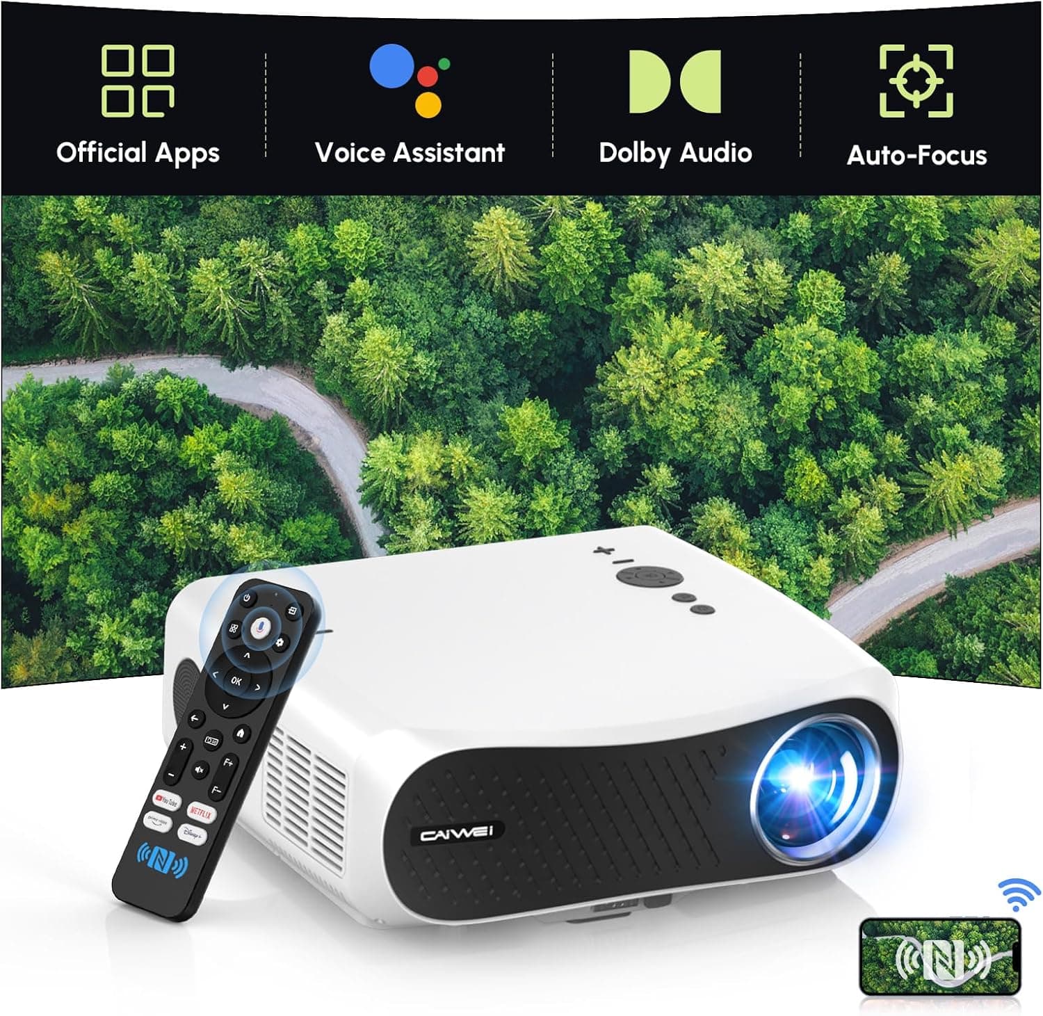 200 inch Smart Home Theater Projector 8000LM, Wireless WiFi and Bluetooth, FHD 1080P with HiFi Speaker and Airplay