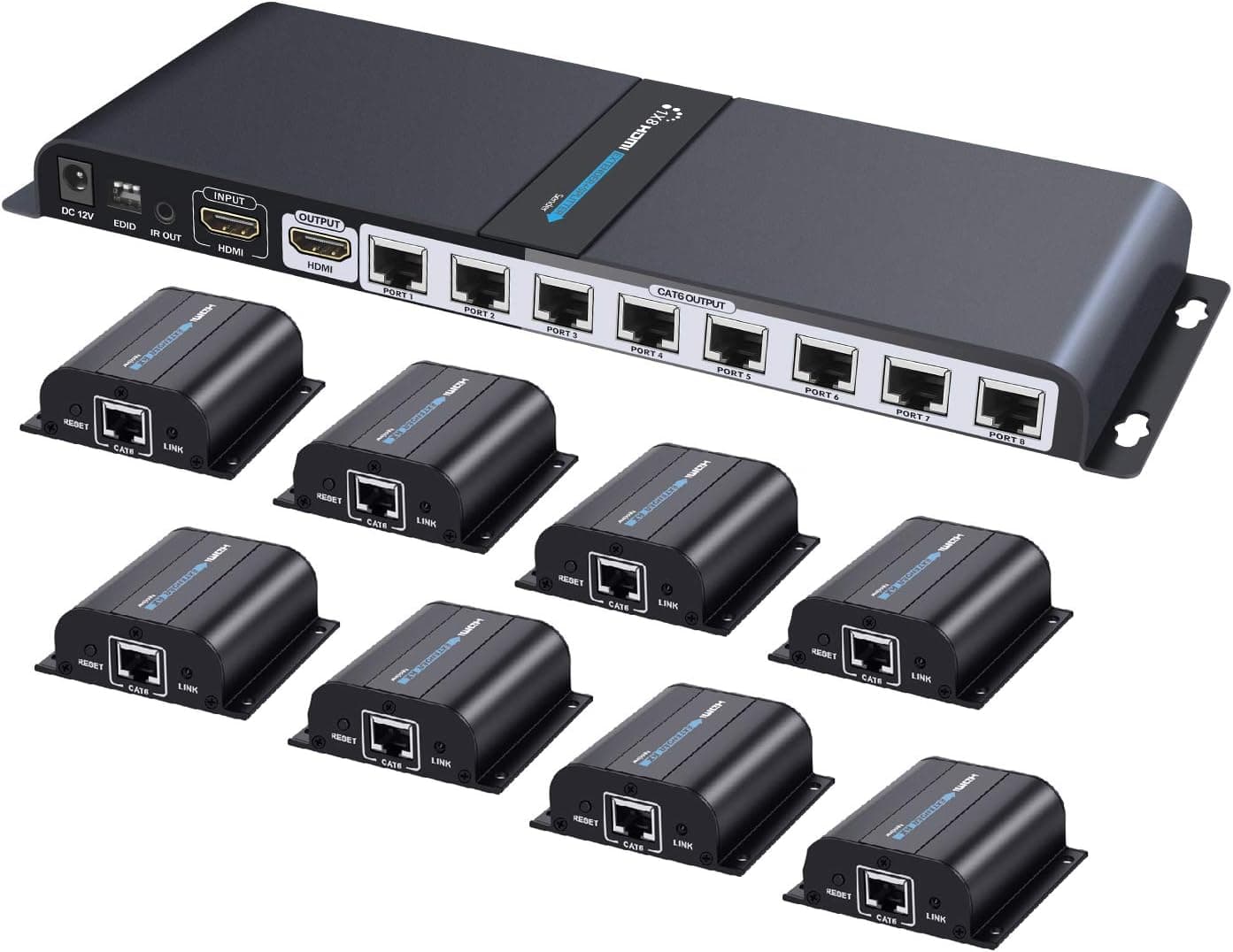 TNP HDMI Extender Splitter Over Ethernet Cat6/Cat7 Cable w/IR Remote (8 Port - 1 Input 8 Outputs)