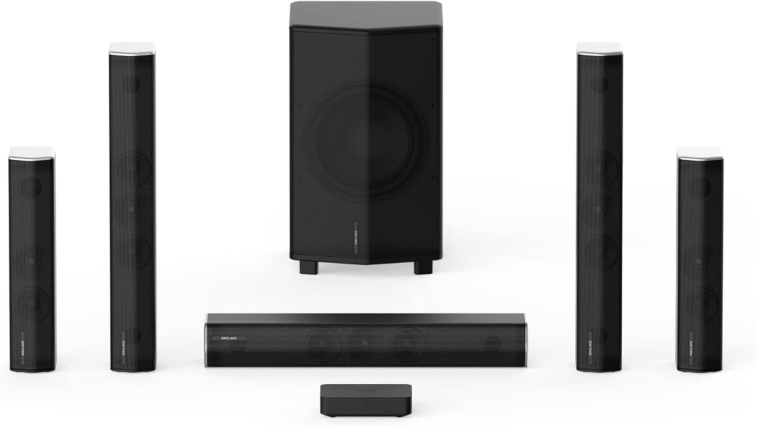 Enclave CineHome PRO 5.1 Wireless Plug and Play Home Theater Surround Sound System, THX Dolby DTS WiSA Certified, 5 Active Wireless Speakers, 10-inch Subwoofer, CineHub Transmitter