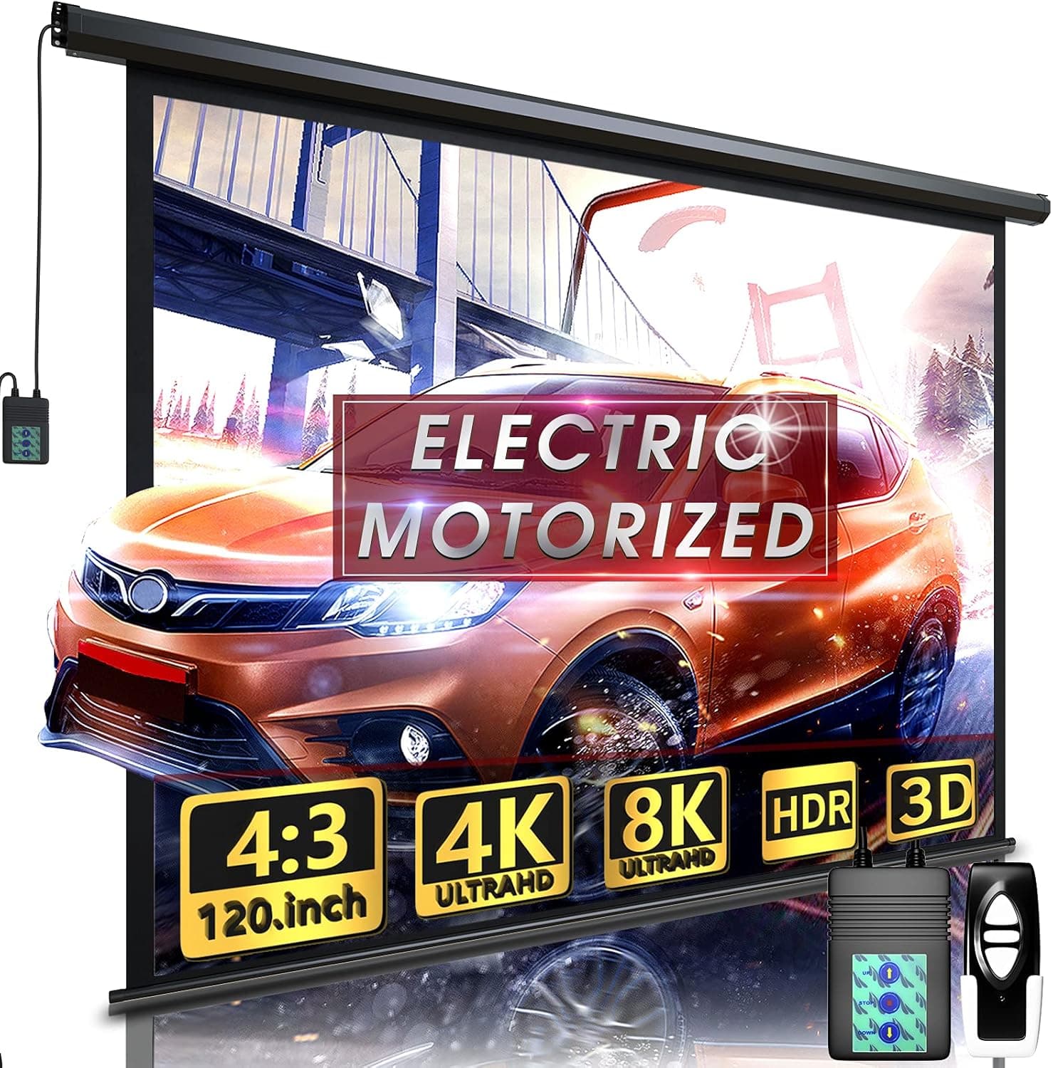 Motorized Projector Screen 120 inch, Indoor and Outdoor Electric Projector Screen with Remote Control