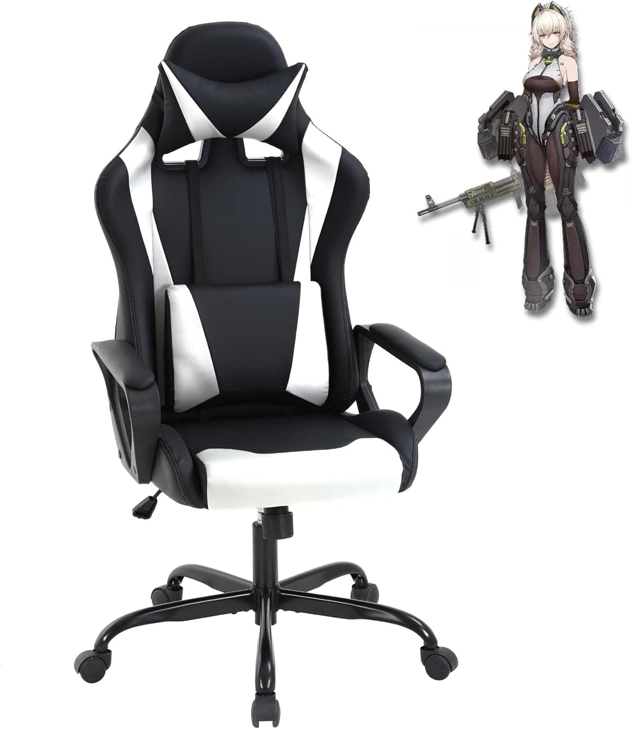 High Back Gaming Chair Ergonomic Racing Heavy Duty Office Chair PC Video Game Chair Massage Function Lumbar Support with Arms & Headrest Chic Desk Chair Swivel Adjustable White