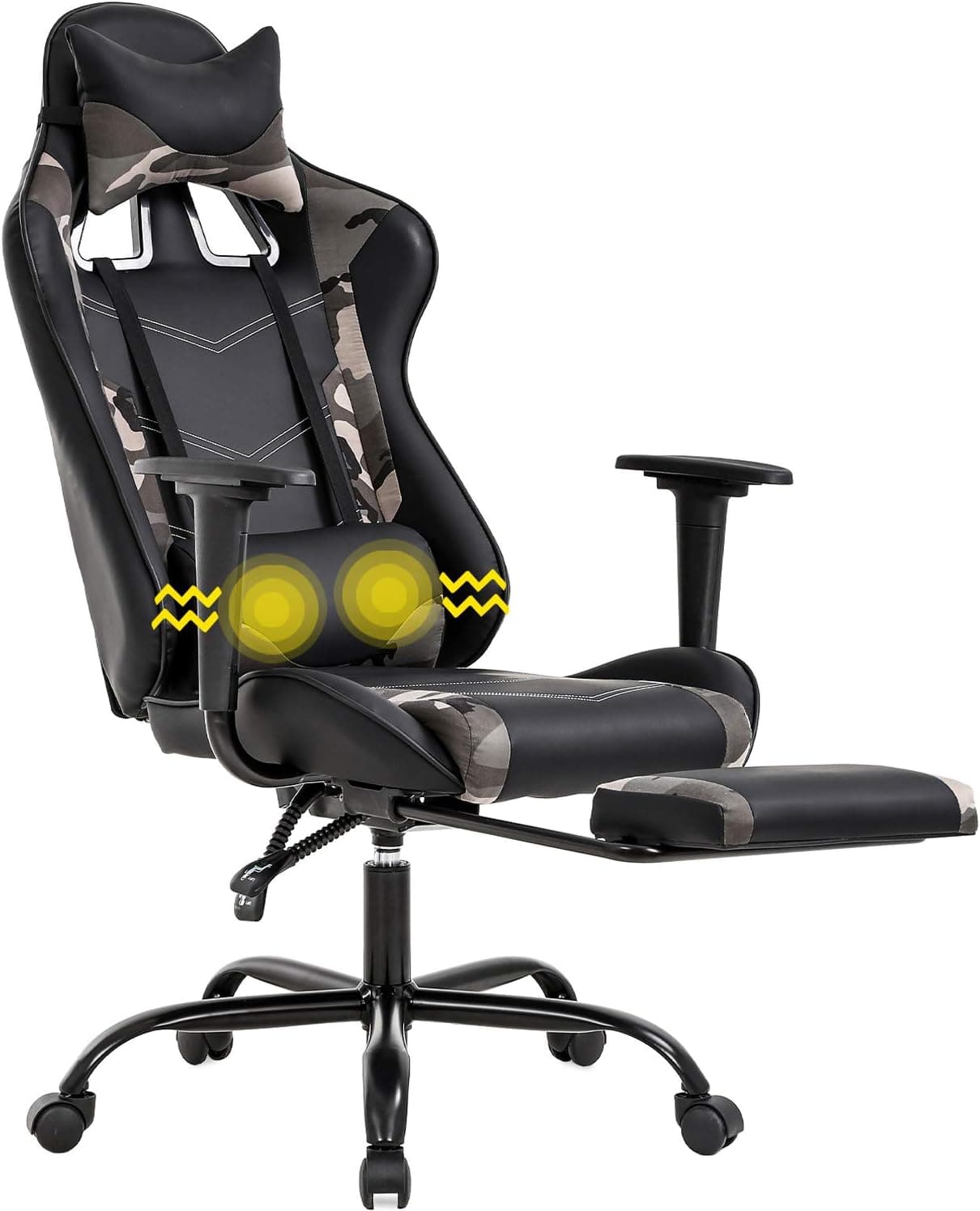 Gaming Chair Racing Office Chair Ergonomic Desk Chair Massage PU Leather Recliner PC Computer Chair with Lumbar Support Headrest Armrest Footrest Rolling Swivel Task Chair Camo