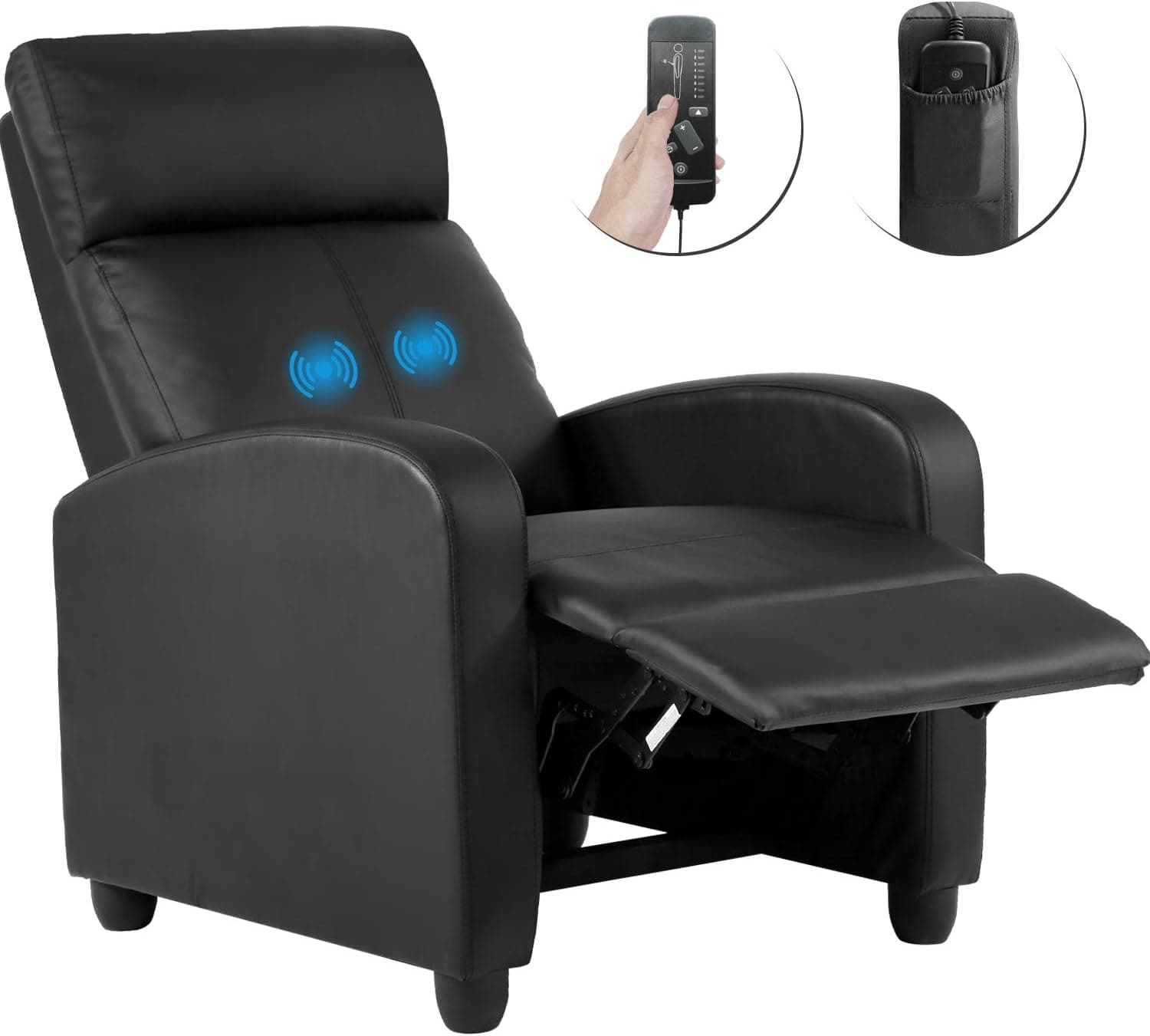 OffiClever Recliner Chair Massage Recliner Sofa Home Theater Seating Winback Single Sofa with PU Leather Padded Seat, Black