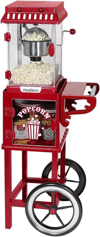 West Bend Popcorn Popper Machine Theater Style on Wheeled Cart with Non-Stick 2.5 Oz Stainless Steel Kettle, Storage Shelf, and Scoop, 10-Cup, Red