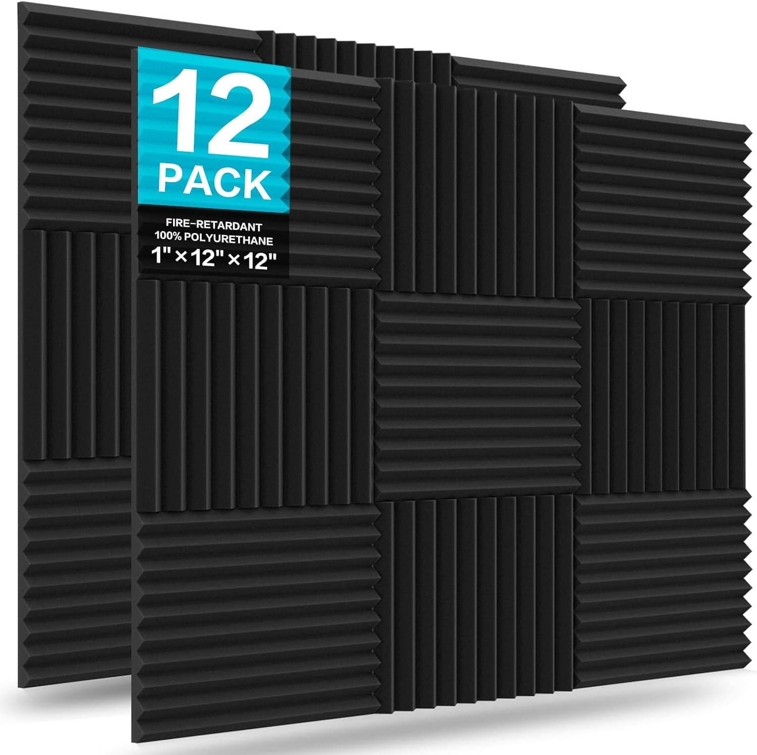 JBER 12 Pack Acoustic Foam Panels 1 x 12 x 12 inch High Density Studio Soundproofing Wedges, Black