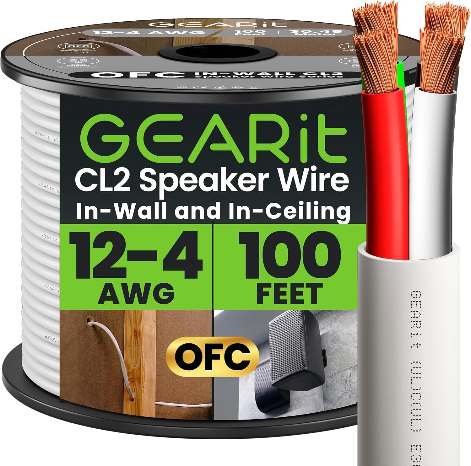 GEARit 14/4 Speaker Wire (100 Feet) 14AWG In Wall Rated CL2, 4 Conductors OFC Oxygen-Free Copper, White