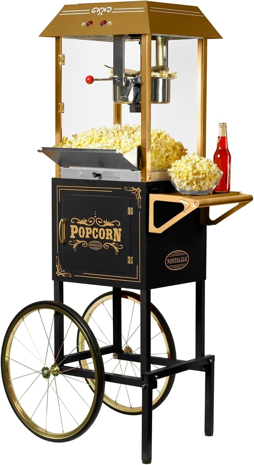 Nostalgia Popcorn Maker Machine, Professional Cart with 10 Oz Kettle Makes Up to 40 Cups, Vintage Lincoln Popper Movie Theater Style, Black