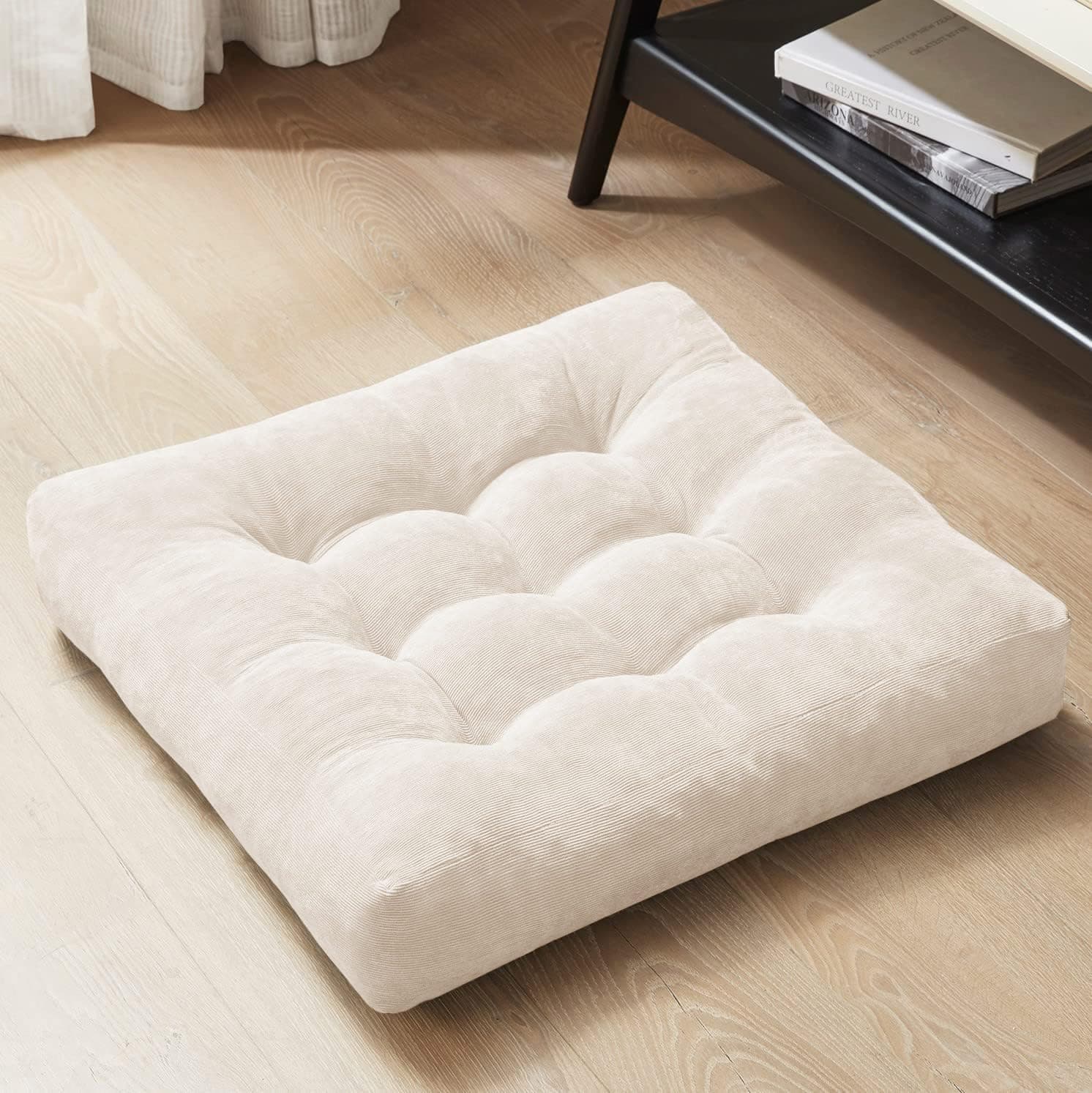 Degrees of Comfort Meditation Floor Pillow, Square Large Pillows Seating for Adults, Tufted Corduroy Cushion, Beige, 22x22 Inch