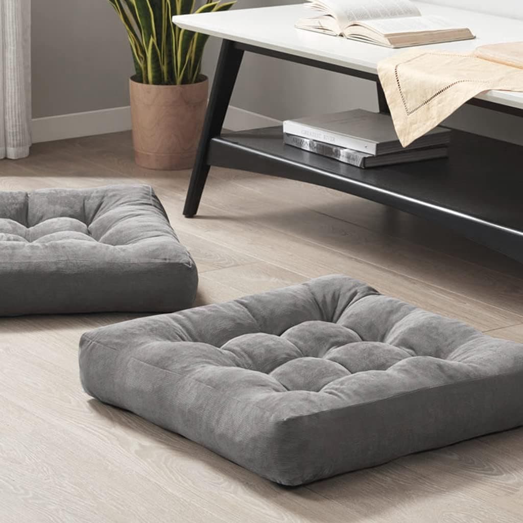 Meditation Floor Pillow Set of 2, Square Large Pillows Seating for Adults, Tufted Corduroy Cushion for Reading Corner, Dorm Room and Living Room, Grey, 22x22 Inch