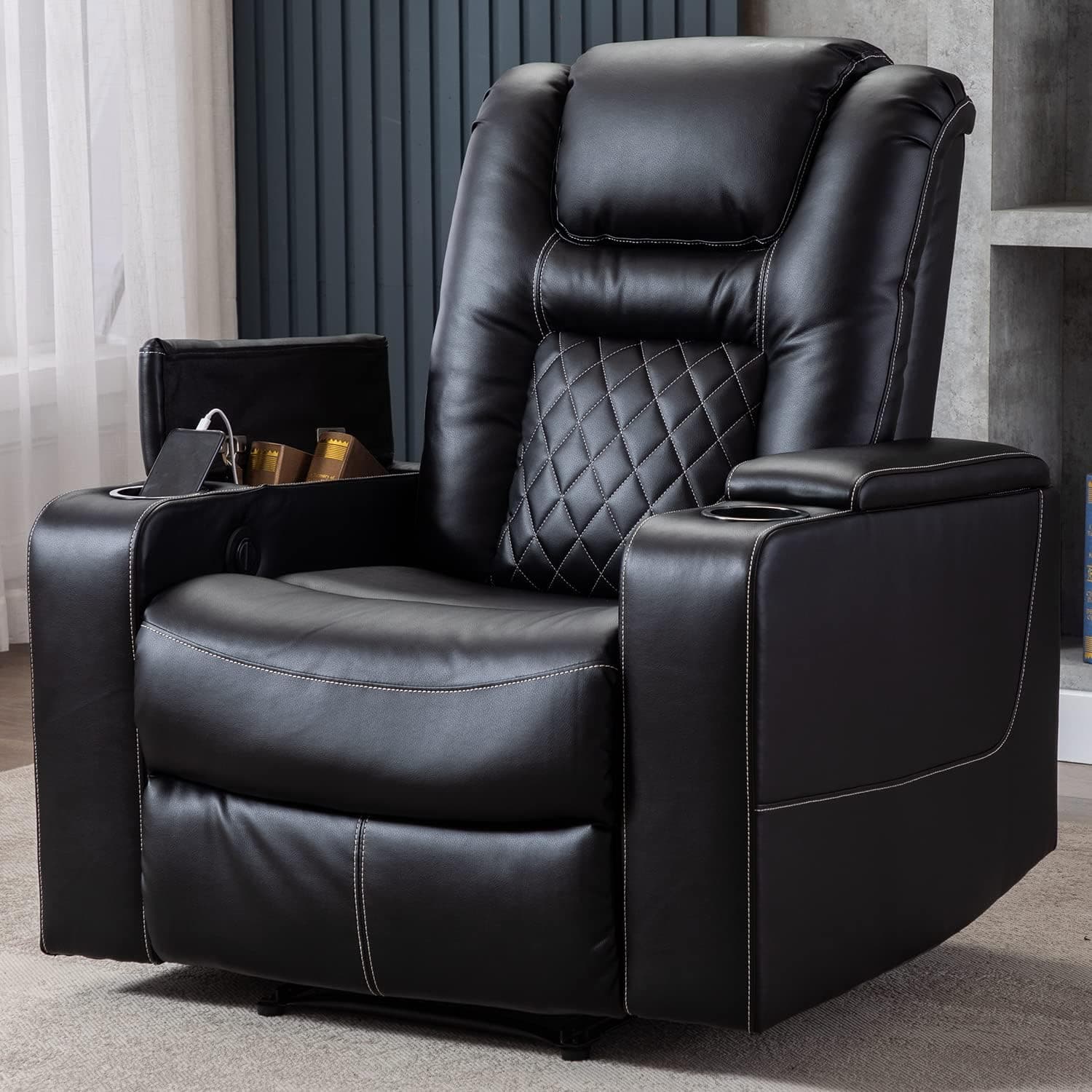 CANMOV Electric Power Recliner Chair with USB Ports and Cup Holders Breathable Leather Home Theater Seating with Hidden Arm Storage (Black)