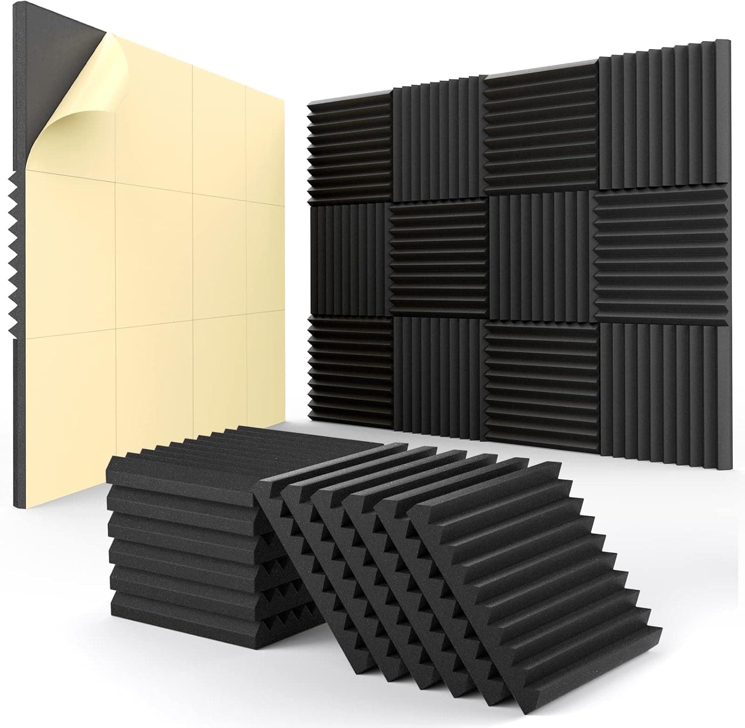 HEMRLY 12 Pack Acoustic Panels Self-Adhesive, 1" X 12" X 12" Quick-Recovery Sound Proof Foam Panels, Acoustic Foam Wedges High Density (Black)