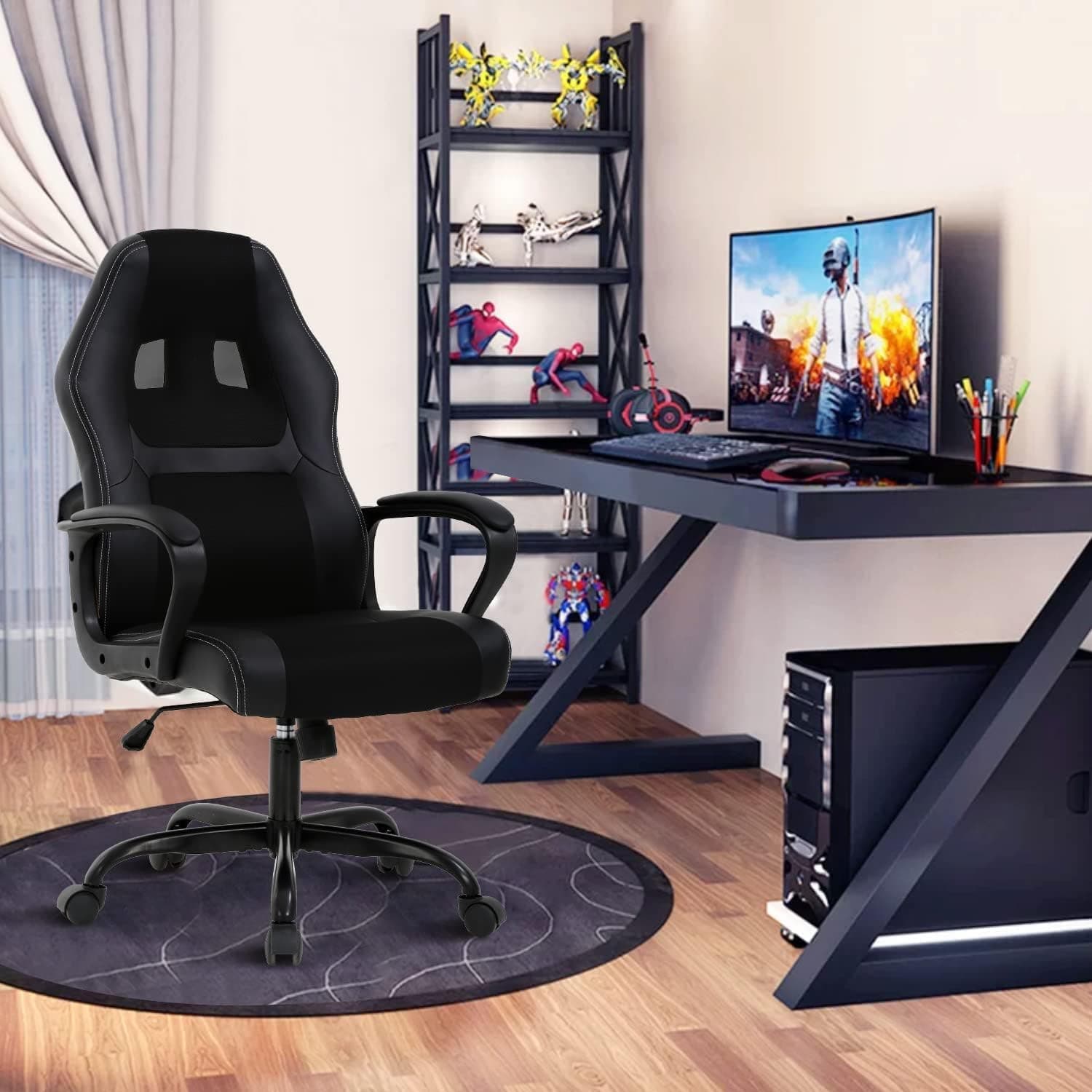 Executive PC Gaming Chair with Lumbar Support & Headrest Ergonomic Leather Racer Task Chair for Home Office Gaming Room Heavy Duty & Comfortable Black