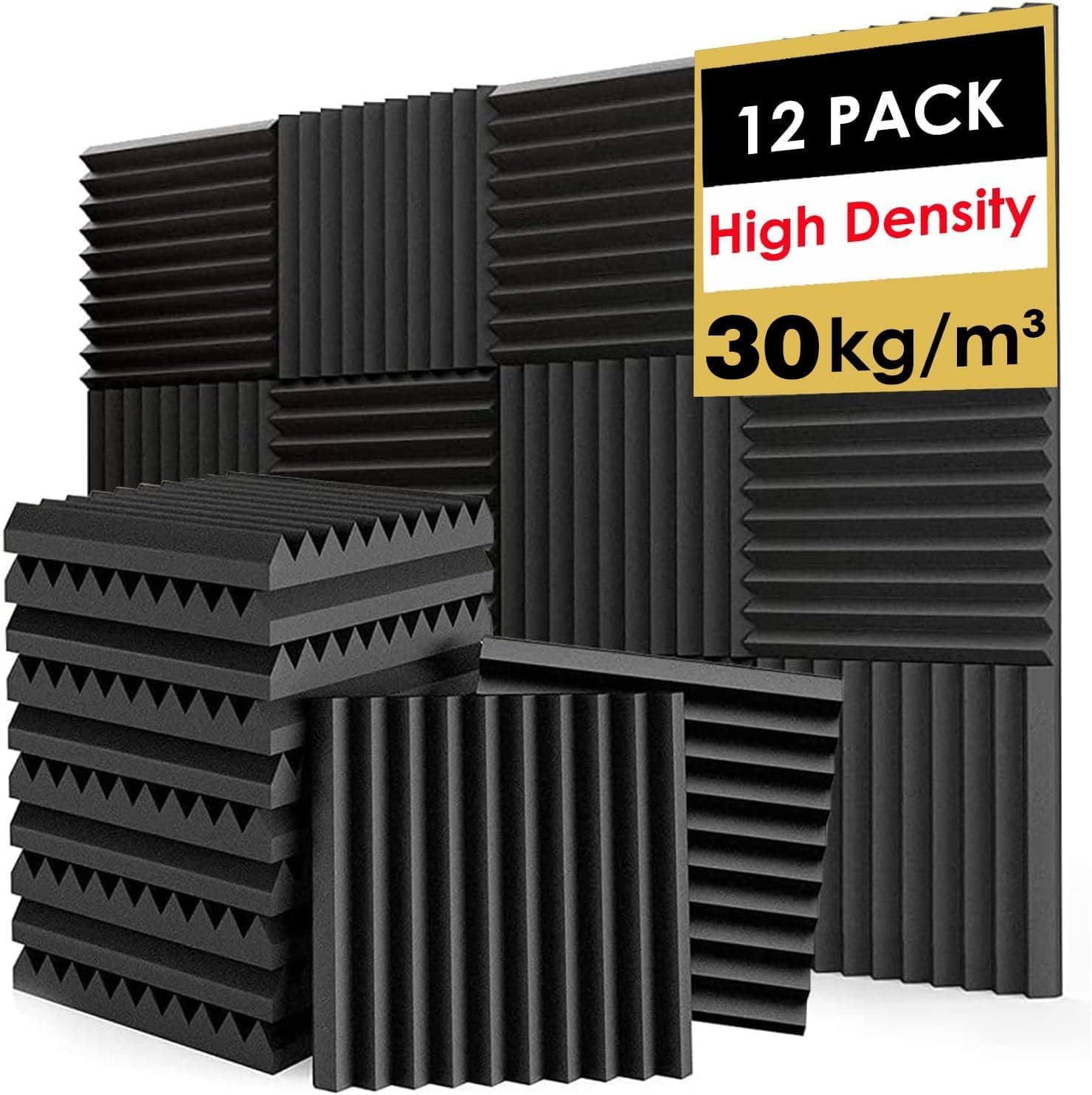 FONESO Acoustic Foam Panels, Sound Proof Foam Panels for Walls, High Density Studio Soundproofing Wedges - Fire Resistant & Noise Absorbing (Black, 1"x12"x12" 12Pack)