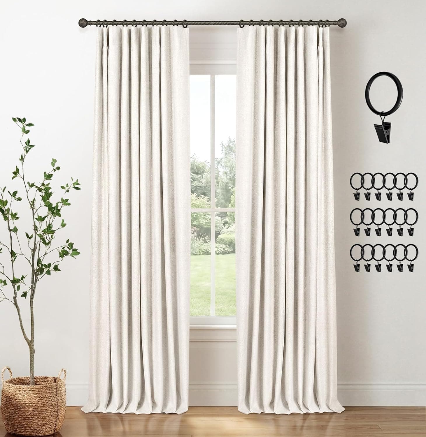 INOVADAY 100% Blackout Curtains for Bedroom 84 Inch, Clip Rings Linen Thermal Insulated Room Darkening, Beige, 2 Panels