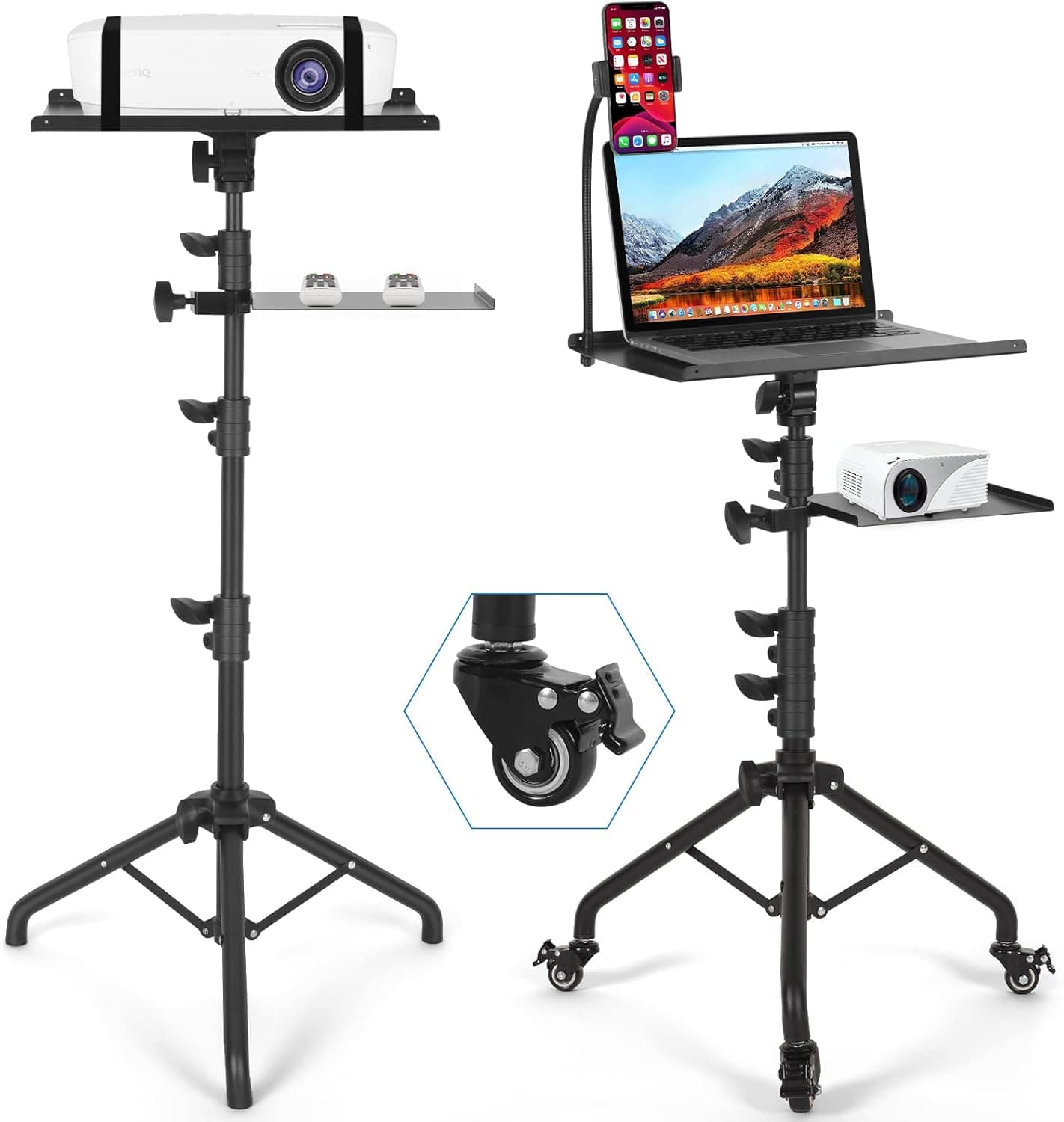 Tossbiss Laptop Tripod on Wheels with 2 Shelves, Portable Projector Floor Stand, Adjustable Height 25.9 to 51.8 Inch with Phone Holder