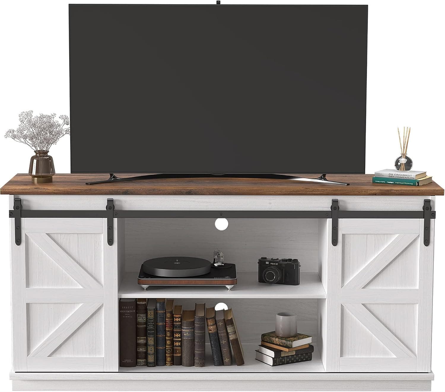 JUMMICO TV Stand for 65 Inch TV, Entertainment Center with Storage Cabinets and Sliding Barn Doors, Mid Century Modern Media Console, Bright White