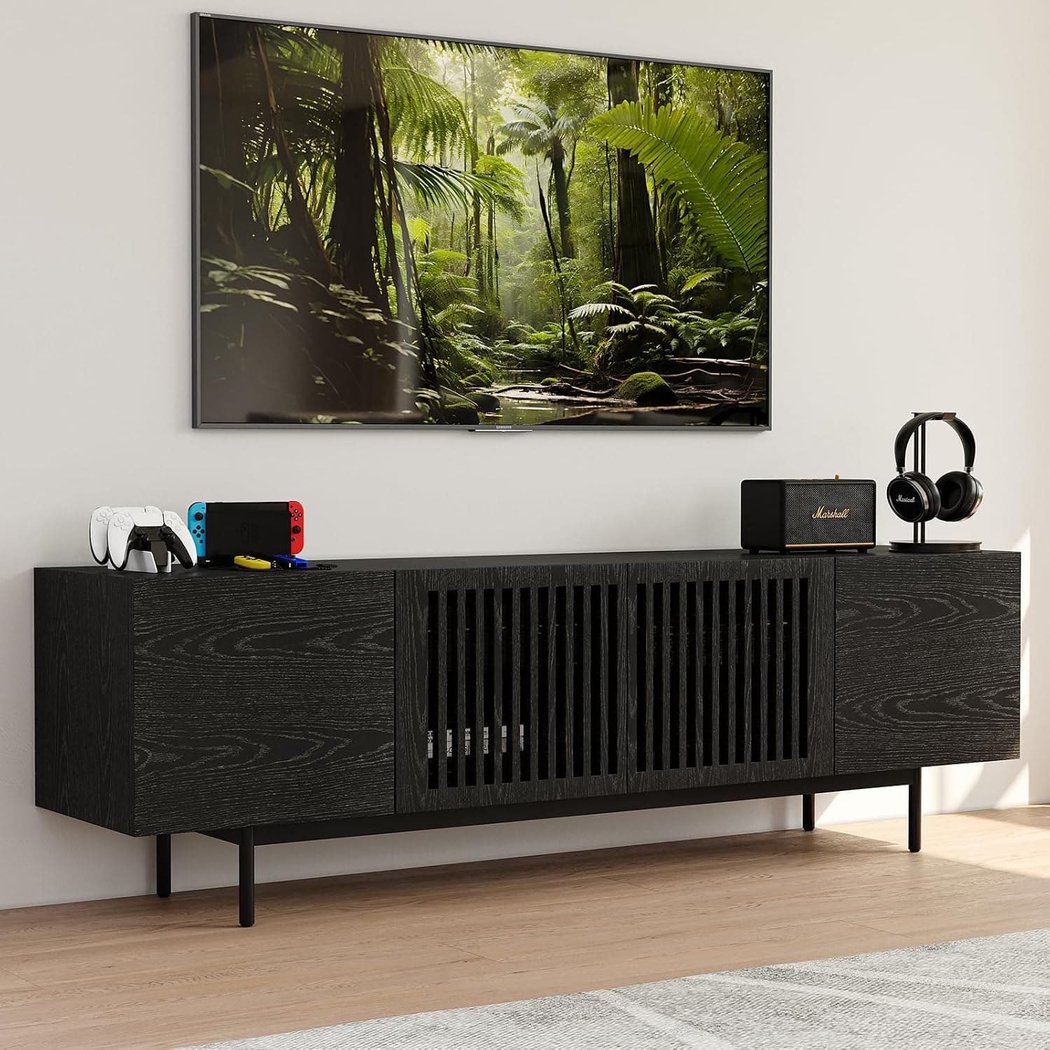 POVISON Fully Assembled Mid-Century Modern TV Stand with Slatted Doors, Wood Media Console for 65-75 Inch TV, Entertainment Center with Storage