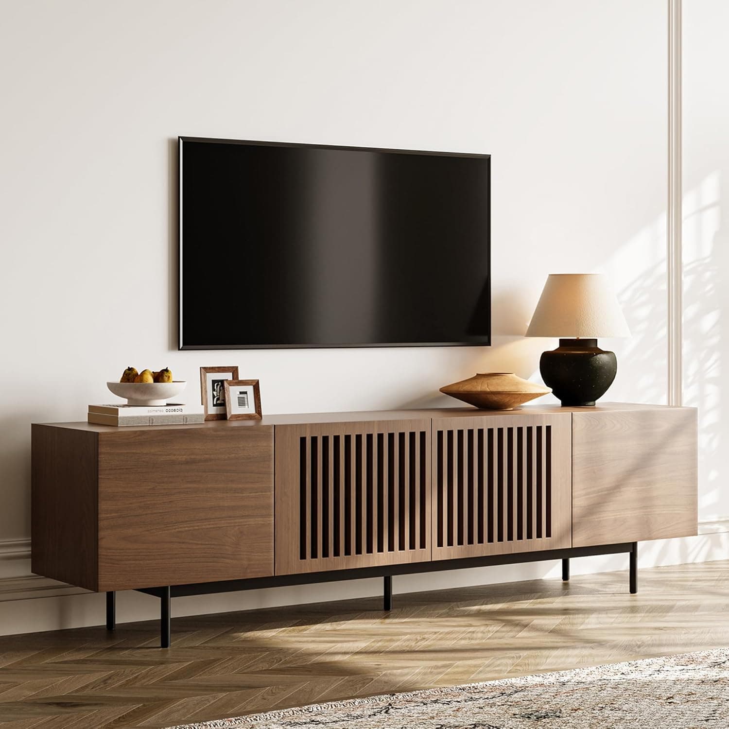 POVISON Fully Assembled Mid-Century Modern TV Stand with Slatted Doors, Wood Media Console for 75 Inch TV, Entertainment Center with Storage