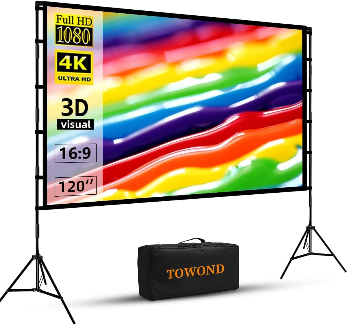 Towond 120 inch Projector Screen with Stand, 4K HD 16:9 Foldable Anti-Crease Indoor Outdoor Movie Screen