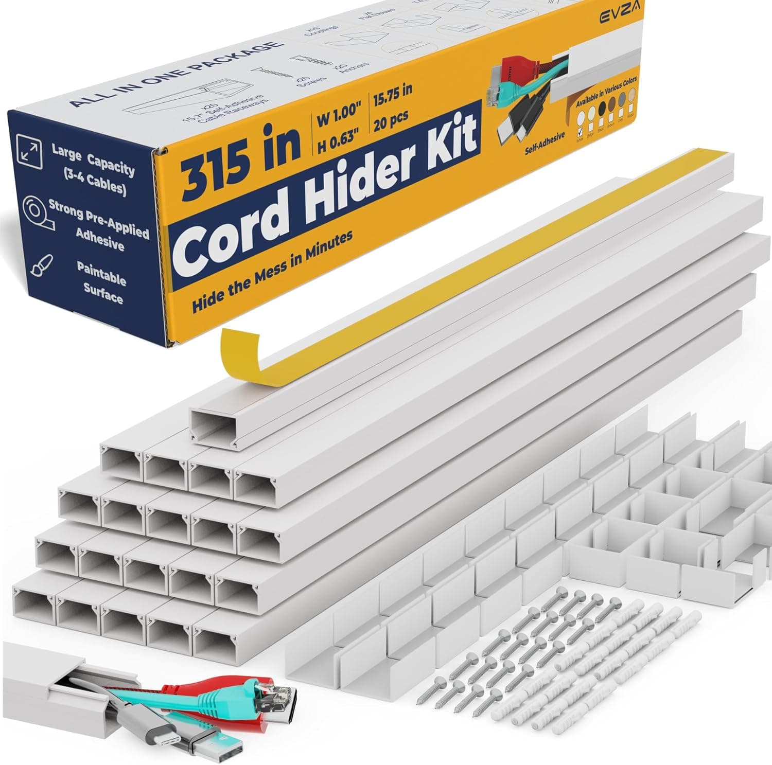 Cord Hider Wire Cover for Wall Mounted TV, 315 in Paintable White Raceway Kit, Cable Management Adhesive Channel