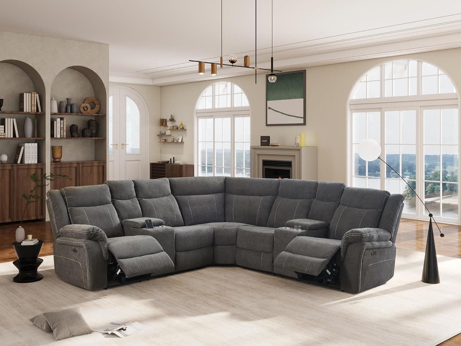 Secsofier Power Reclining Sectional Sofa Set Premium Fabric Recliner Couch with USB Port Console Storage Cup Holders Home Theater Sectional Sofa Set