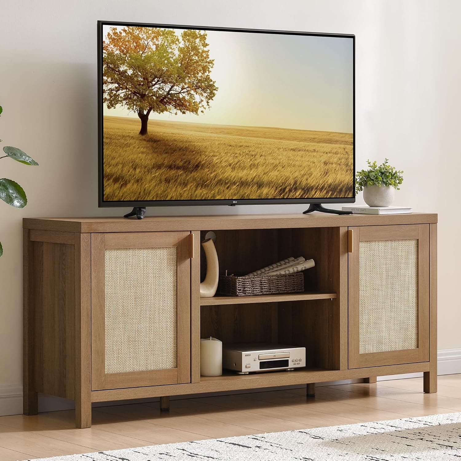 SICOTAS Rattan TV Console Cabinet with Storage and Shelf, Boho Entertainment Center, 59in Media Console for 55, 65 Inch TV, Oak