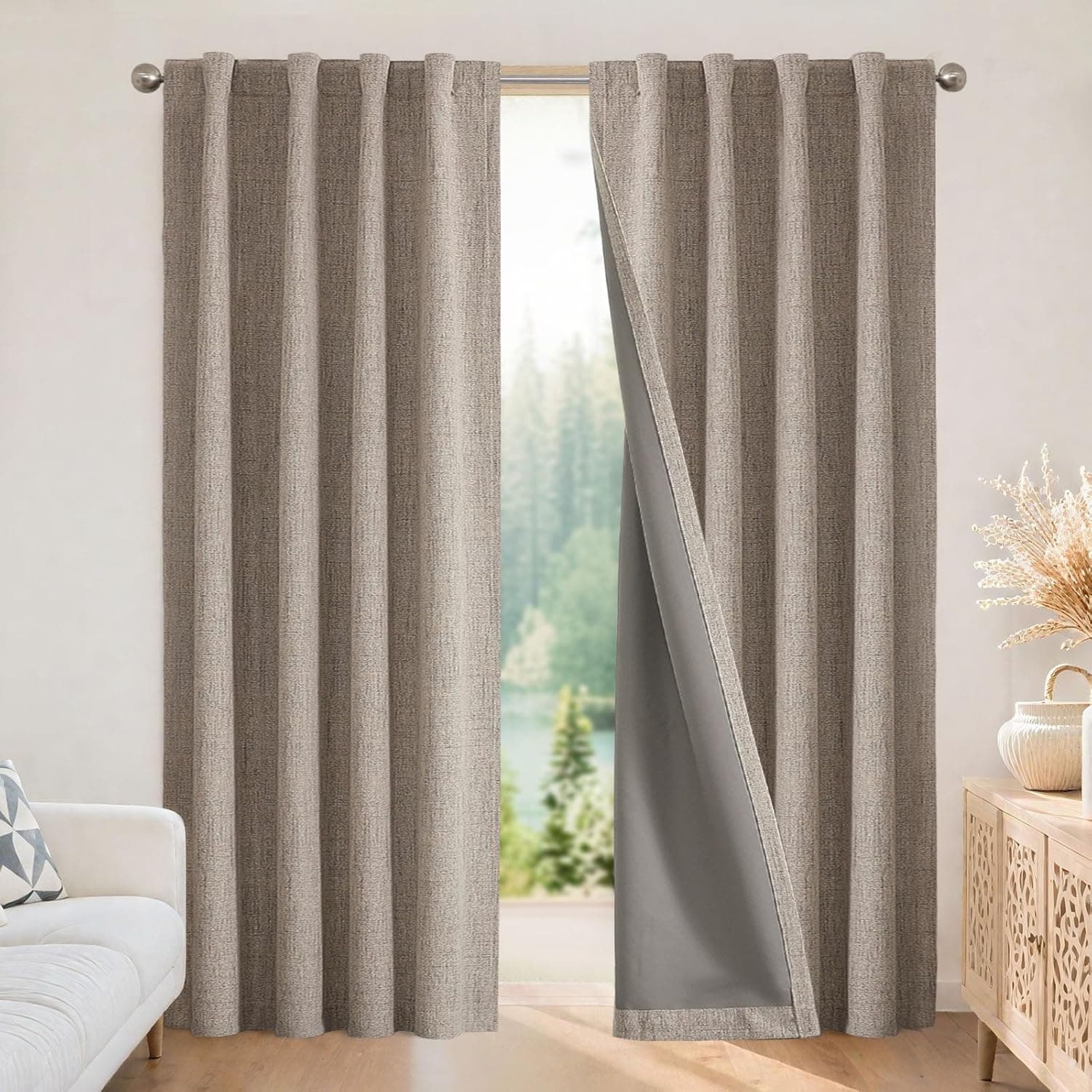 Joydeco 100% Blackout Curtains for Bedroom, Nature Linen 84 Inch, Thermal Insulated Room Darkening, 2 Panels