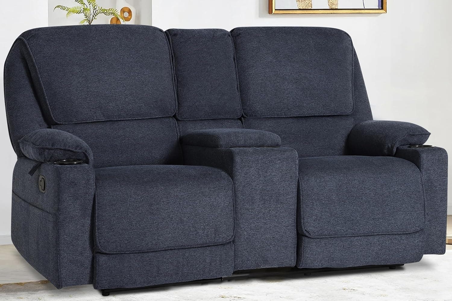 KIGOTY Loveseat Recliner Sofa with Center Console, Home Theater Recliner Chair with 4 Cup Holders, 2 Seat Reclining Love Seat RV Loveseat Couch, Navy