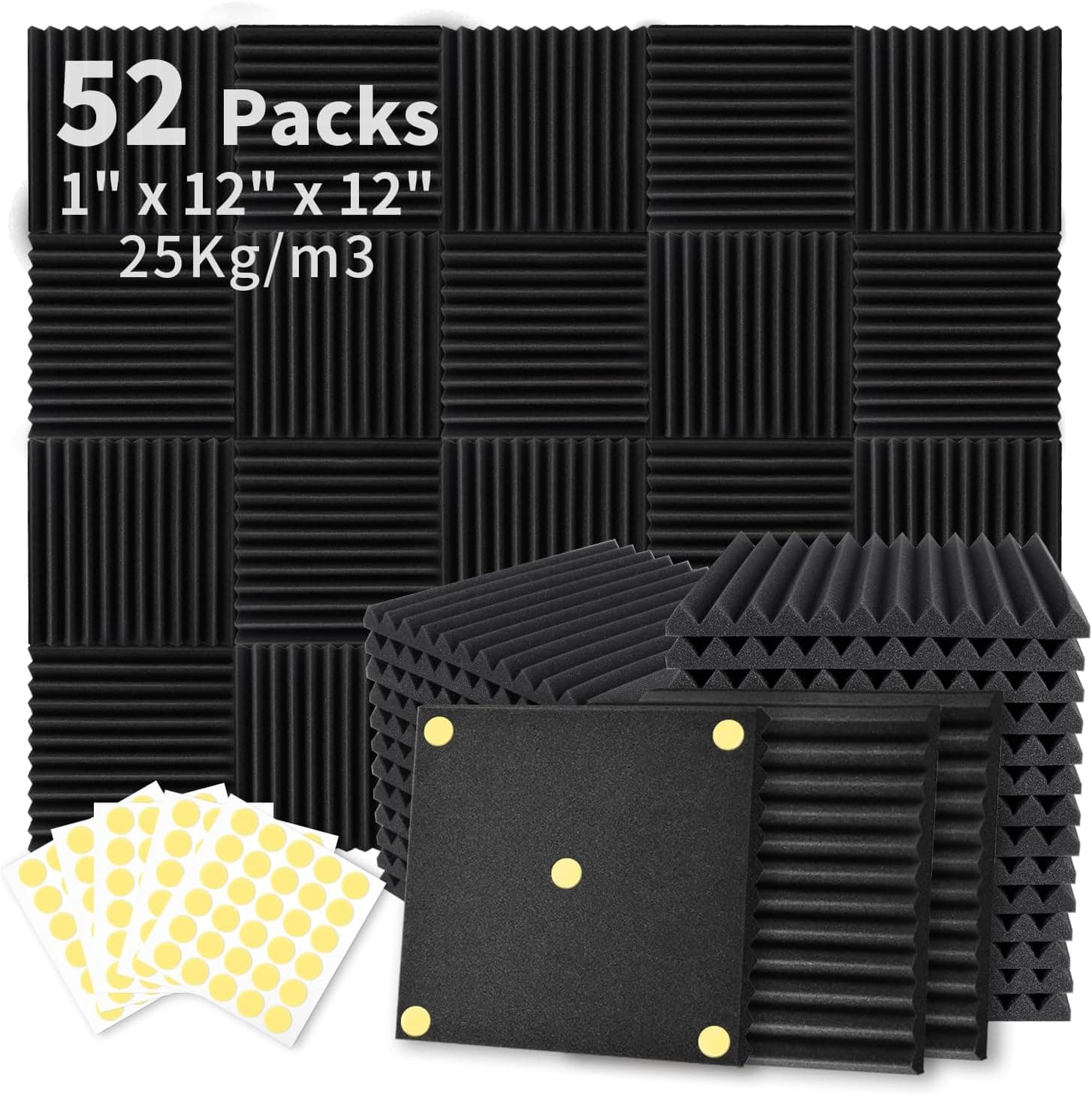 Focusound 52 Pack Acoustic Foam Panels 1 x 12 x 12 inch Soundproofing Wedge Panels with 300PCS Double-Side Adhesive