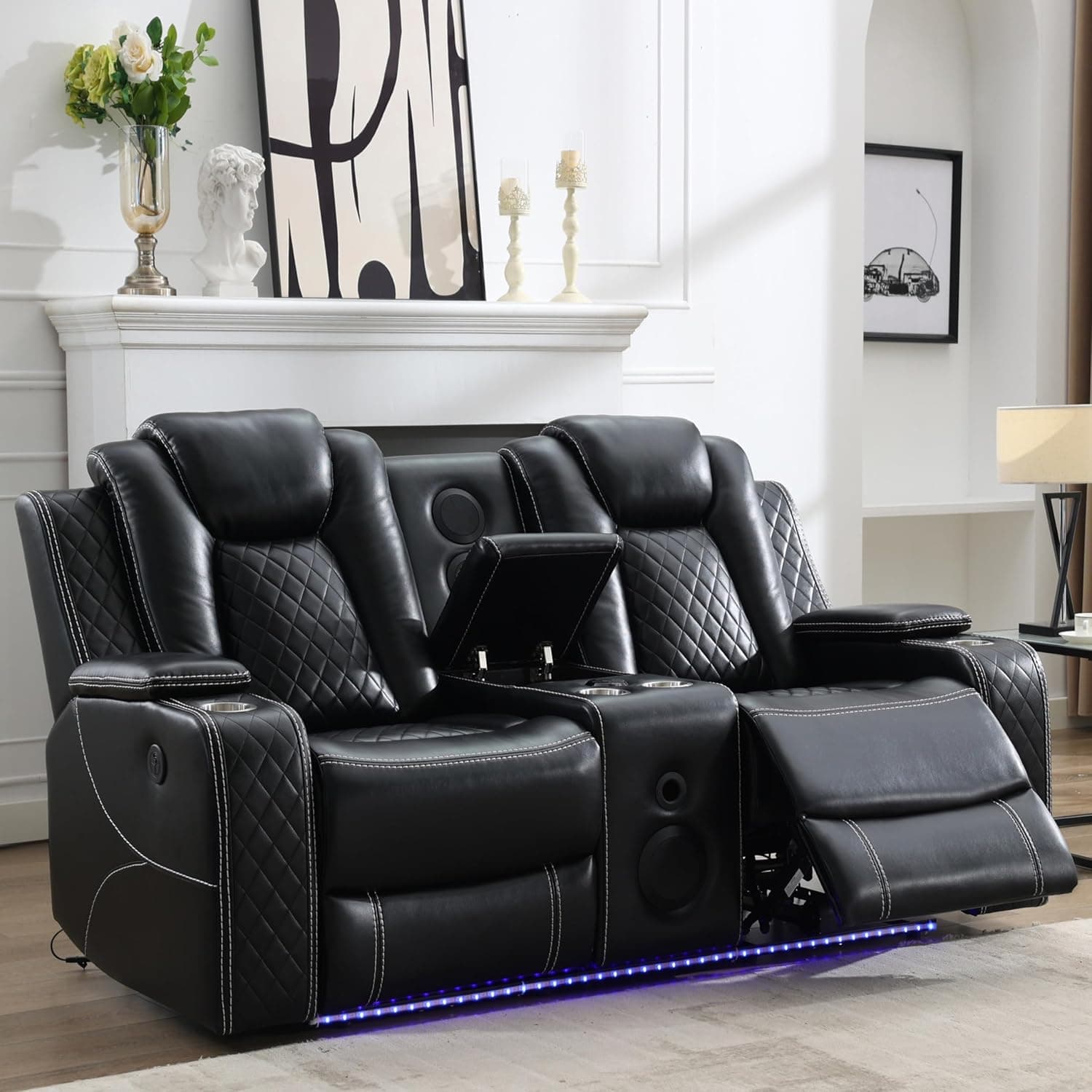 Power Loveseat Recliner Couch with Bass Speakers, Leather Electric Reclining Love Seat, Dual Recliners with LED Lights, 2 Seaters Movie RV Home Theater Seating Sofa with Console, Black