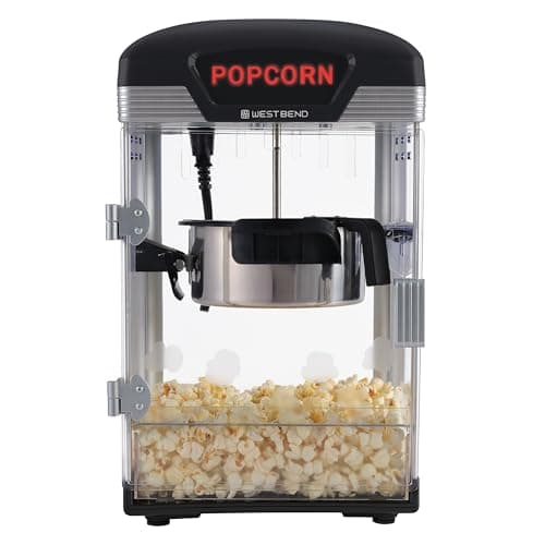 West Bend Theater Crazy Popcorn Machine, Nonstick Kettle, 4 Qt., Black | West Bend Theater Crazy Popcorn Machine, Stir Rod Oil Popping, Nonstick Popcorn Kettle, Measuring Cup & Spoon, 4 Qt., Black