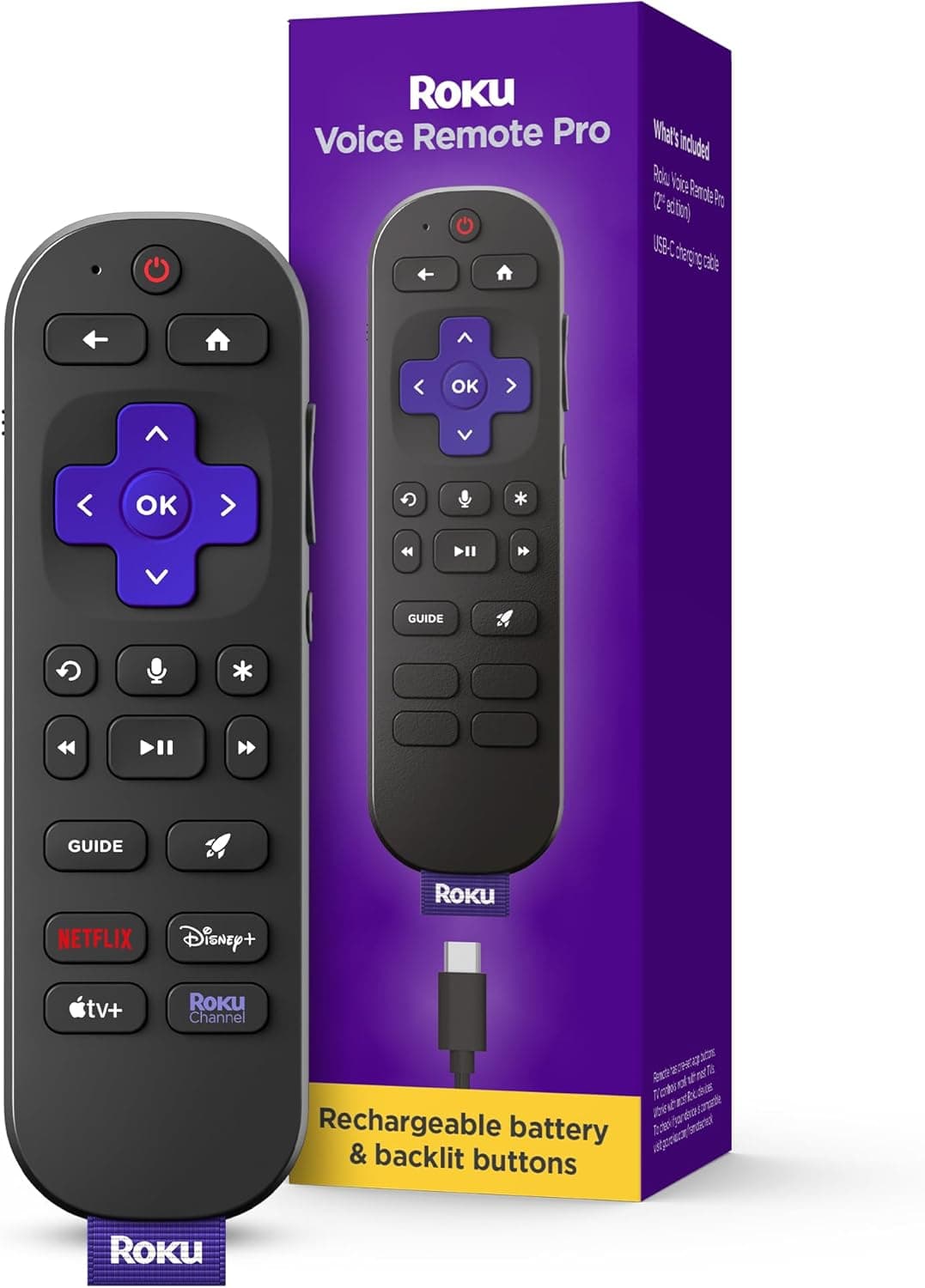 Roku Voice Remote Pro (2nd Ed.), TV Remote Control with Backlit Buttons, Hands-free Voice Controls, Rechargeable, & Lost Remote Finder
