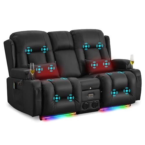 URRED Power Loveseat Recliner Sofa with Massage and Heat，Black | Wall Hugger Reclining Loveseat with Console, RV Couch Home Theater Seating with LED Lights for Living Room, Faux Leather