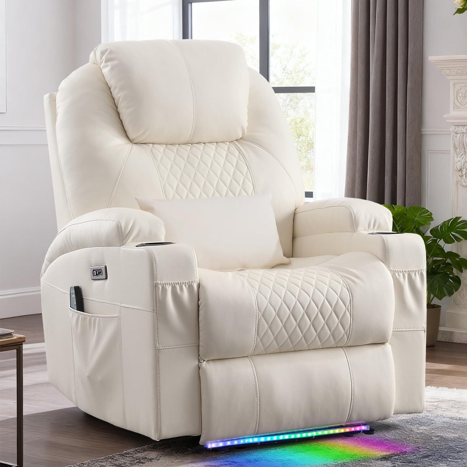Power Recliner Chair with Heat and Massage for Adults Home Theater Seating with LED Lights Cup Holders Side Pocket USB Port Recliner Sofa (Beige Single Recliner)
