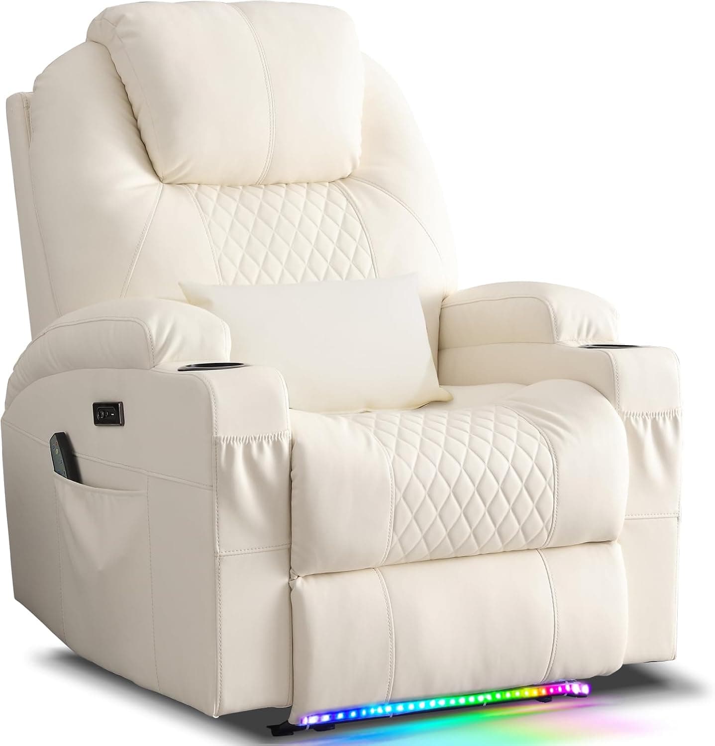 AHMED Power Recliner Chair with Vibration Massage & Heat, Faux Leather Home Theater Seating with Cup Holders/LED Lights/USB, Beige