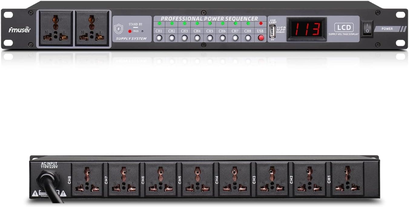 FMUSER 10-Outlet Power Sequencer Conditioner, 3000W Rack Power Conditioner with Independent Power Switch Surge Protector LCD Display