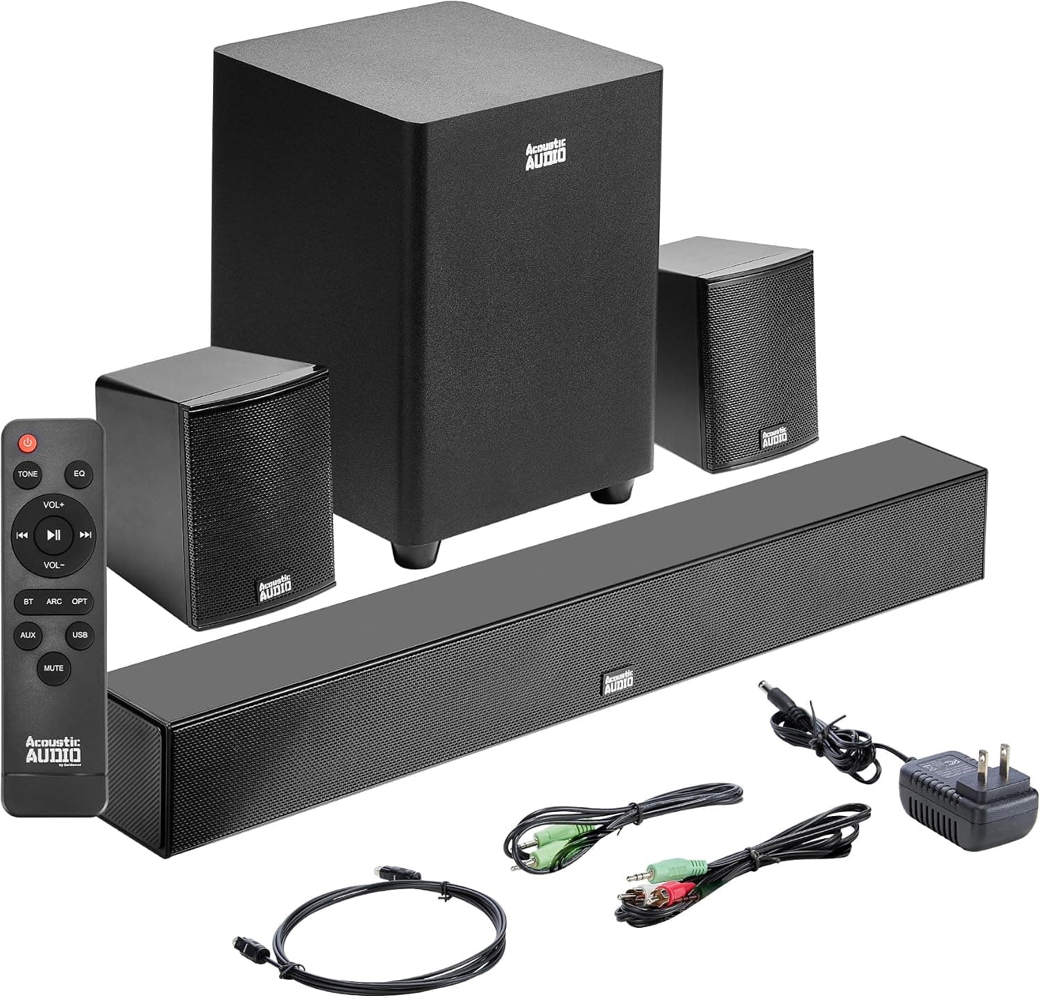 Acoustic Audio 5.1 Surround Sound Home Theater Sound Bar with Bluetooth, RCA, Optical, ARC, AUX, Wireless Subwoofer and Remote, AA5190 (Black)